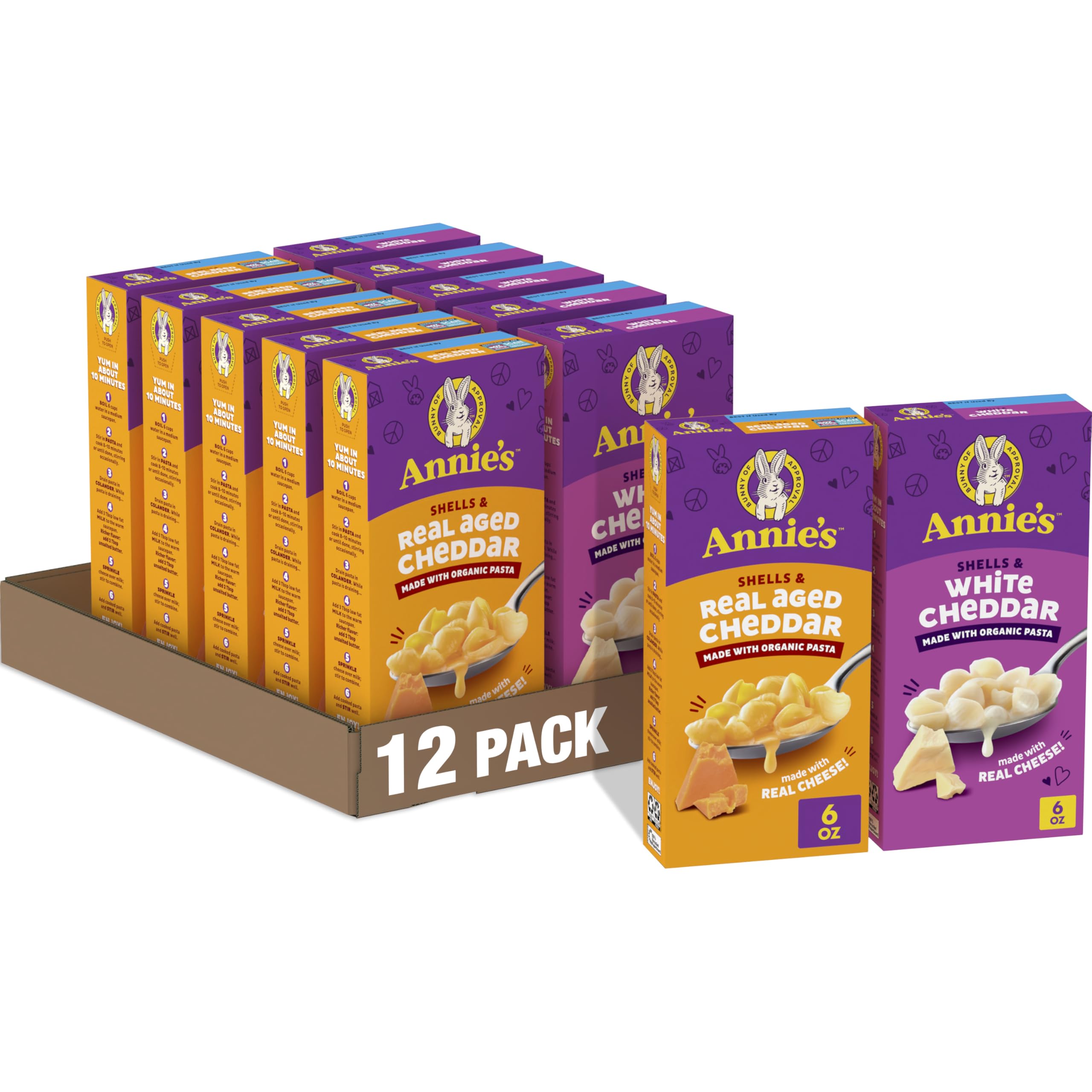 Annie's Shells & White Cheddar box front showing creamy sauce for quick family dinners