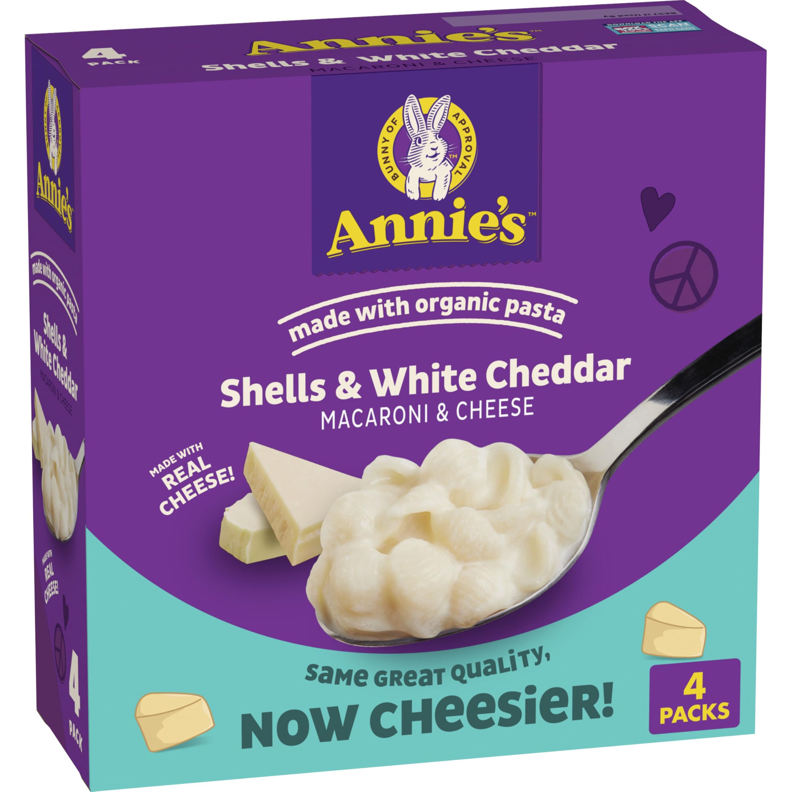 Annie's Shells and White Cheddar box front view, four-pack for quick family dinners.