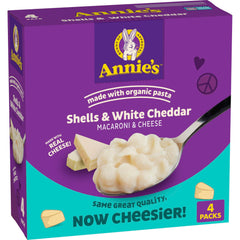 Annie's Shells and White Cheddar box front view, four-pack for quick family dinners.