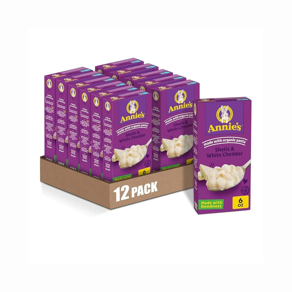 Annie's Shells & White Cheddar organic pasta pack close-up, a convenient family meal.
