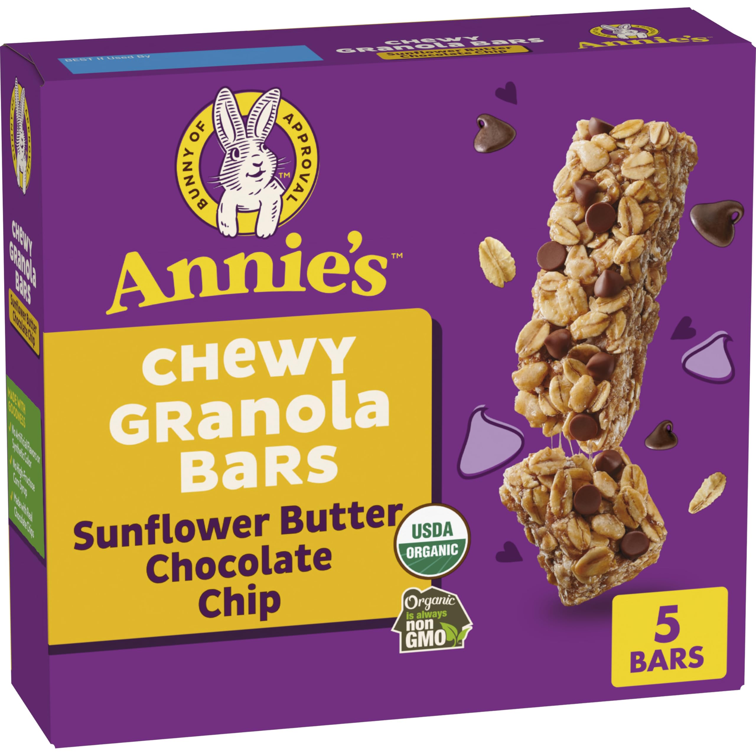 Annie's Sunflower Butter Chocolate Chip granola bars pack, convenient lunchbox snack