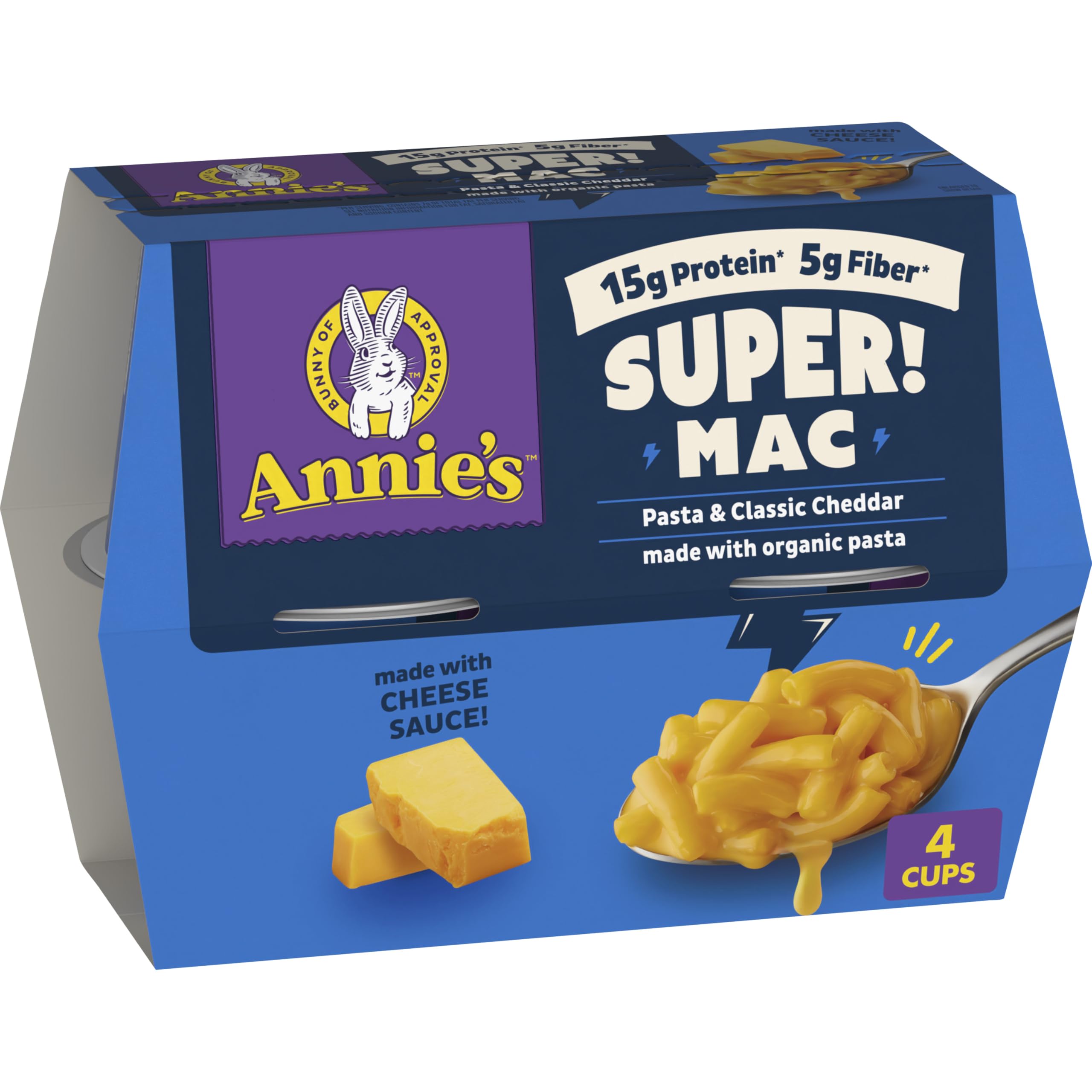 Annie's Super! Mac cup open with steam for a quick meal.