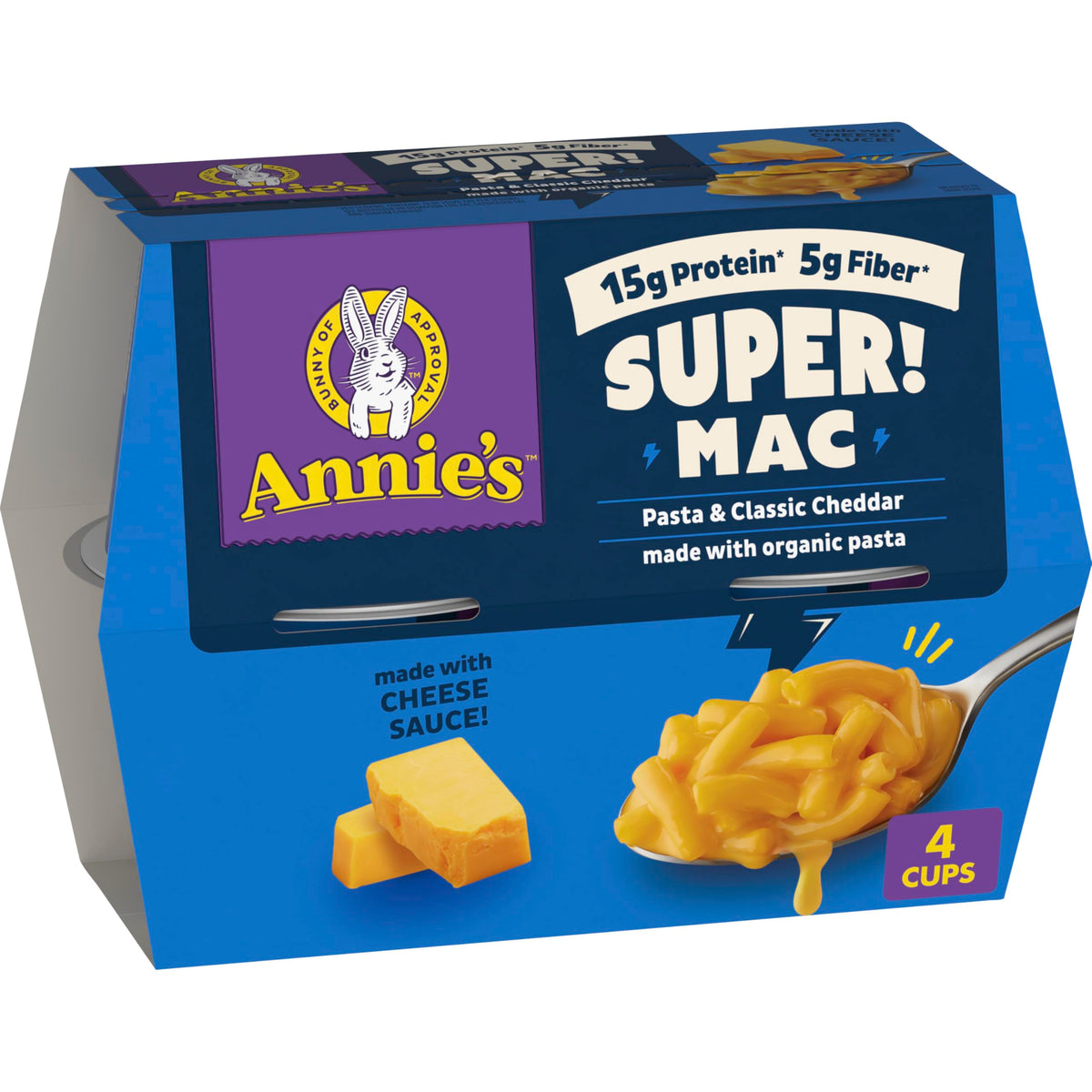 Annie's Super! Mac cup open with steam for a quick meal.