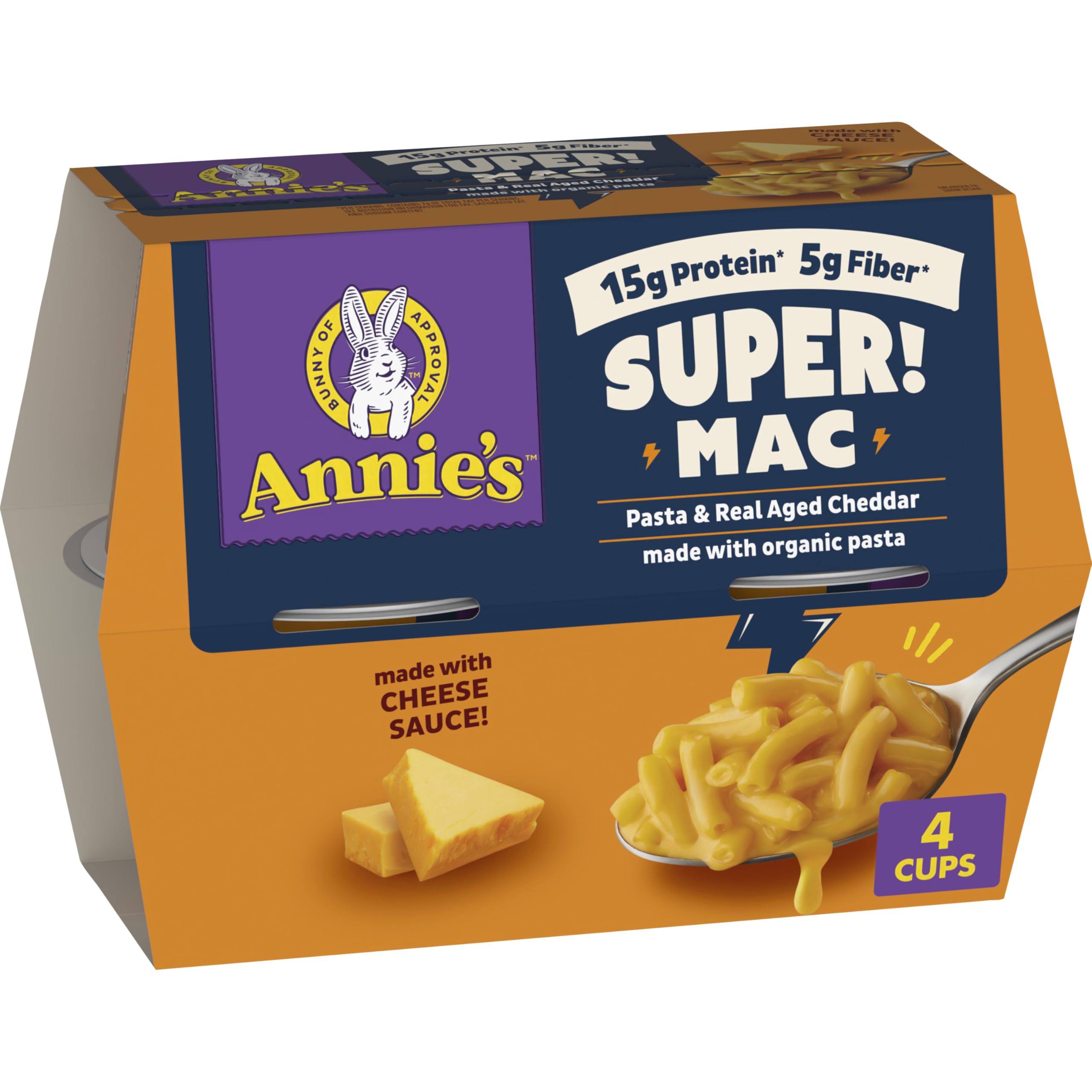 Annie's Super! Mac packaging shows quick-prep cups for busy families.