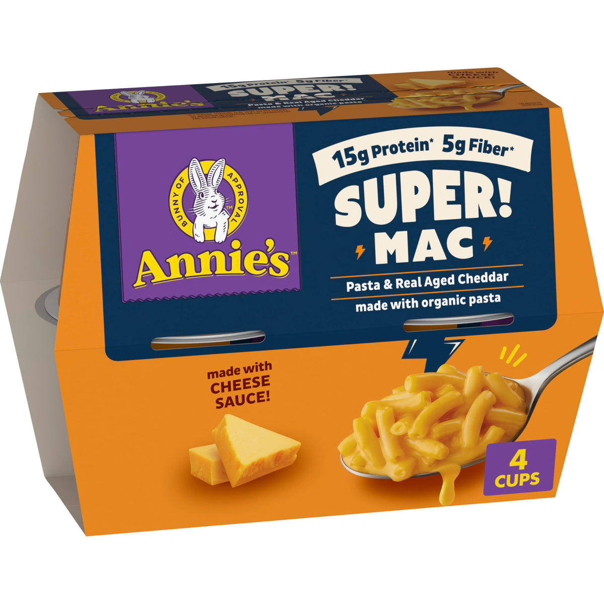 Annie's Super! Mac packaging shows quick-prep cups for busy families.