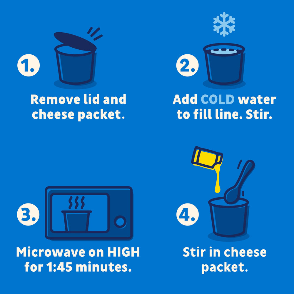 Microwave steps for Annie's Super! Mac cup preparation.