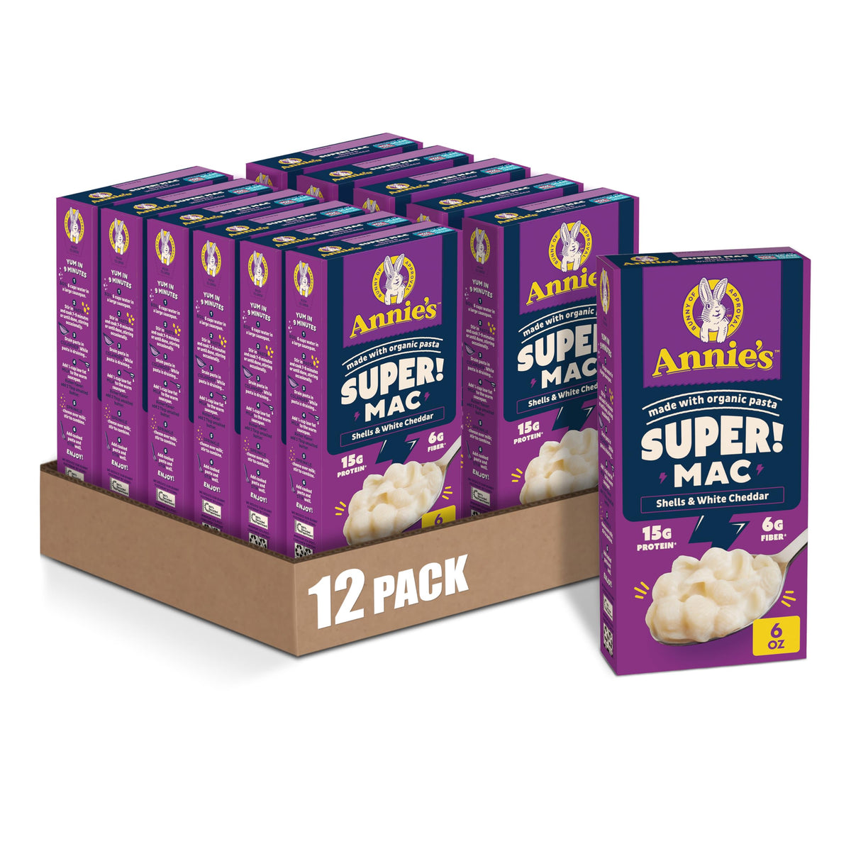 Annie's Super! Mac shells in a 12-pack box, ready for family meals.