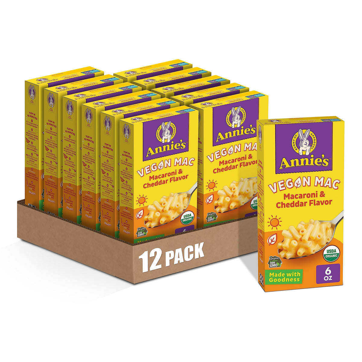 Annie's Vegan Mac and Cheddar box shows a 12-pack for quick dinners