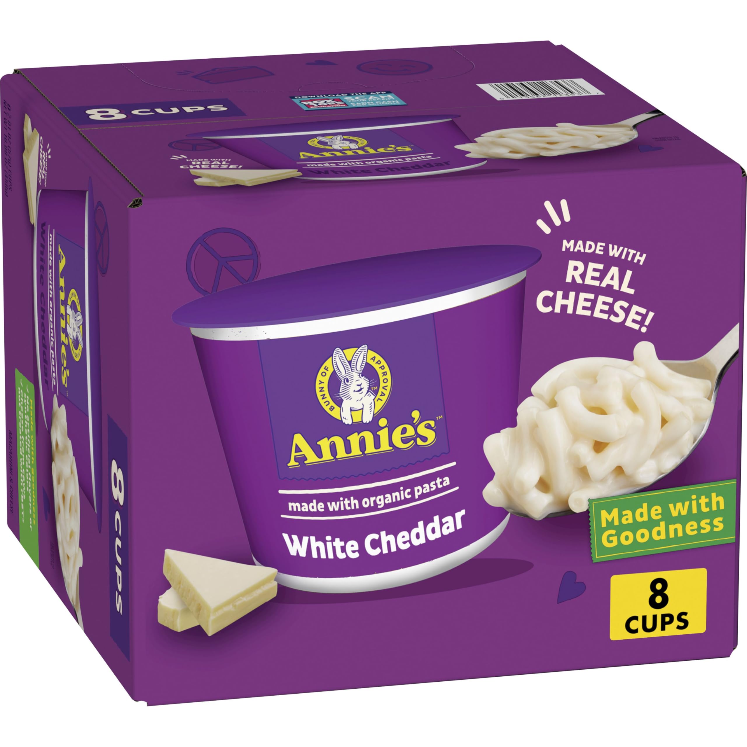 Annie's White Cheddar Macaroni Cups packaging for convenient meals.
