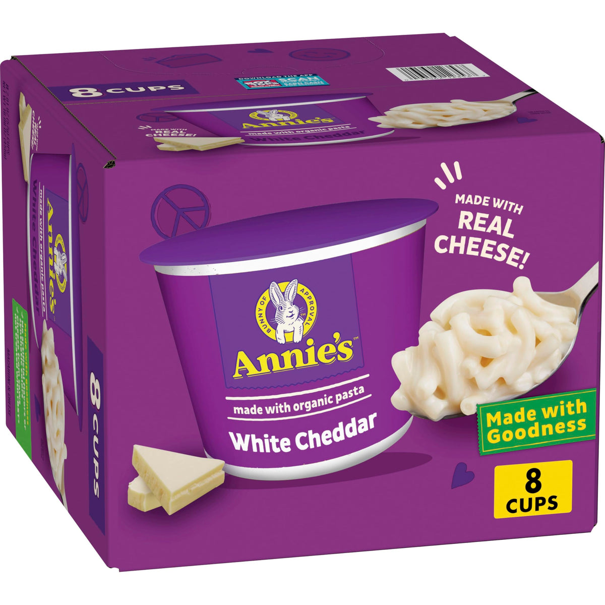 Annie's White Cheddar Macaroni Cups packaging for convenient meals.