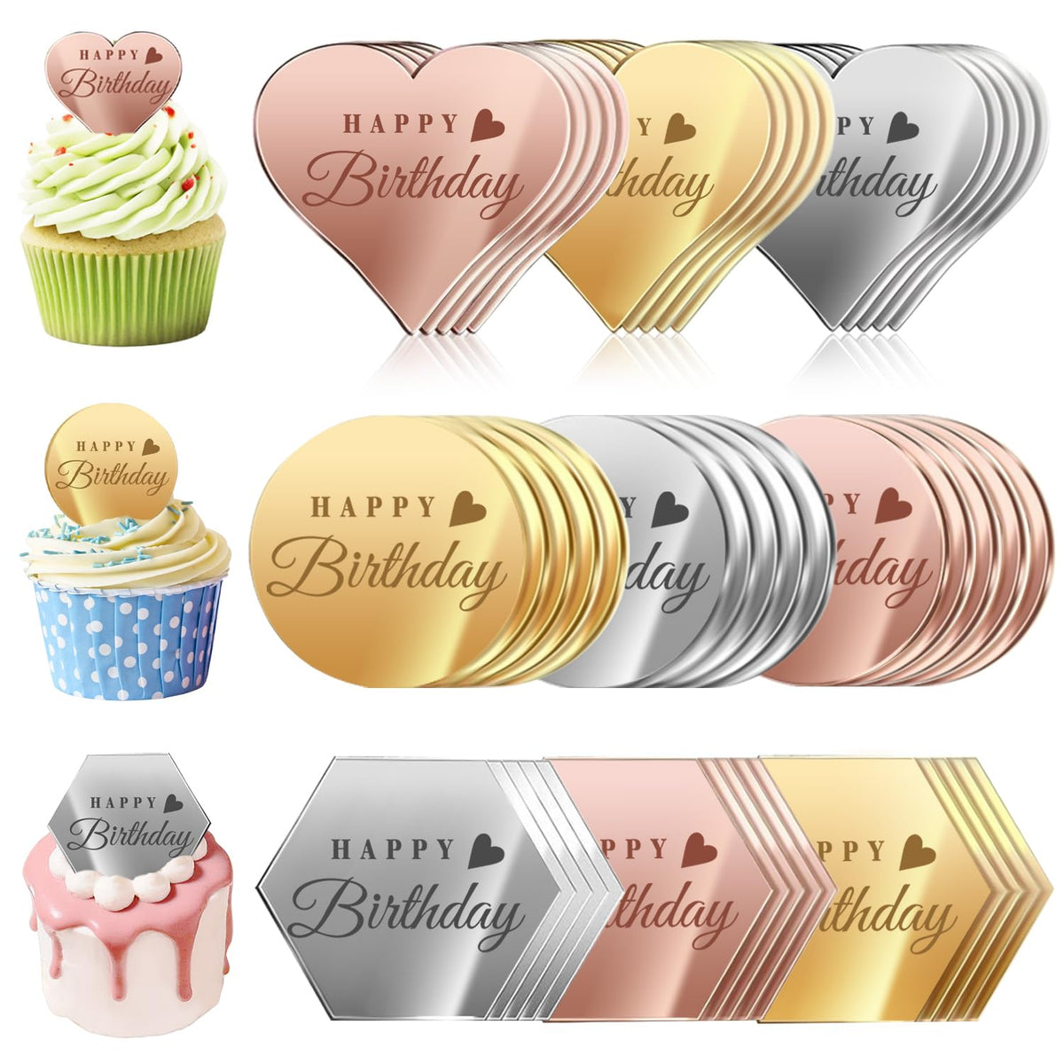 Ansee heart gold mirror acrylic topper enhances festive birthday cake
