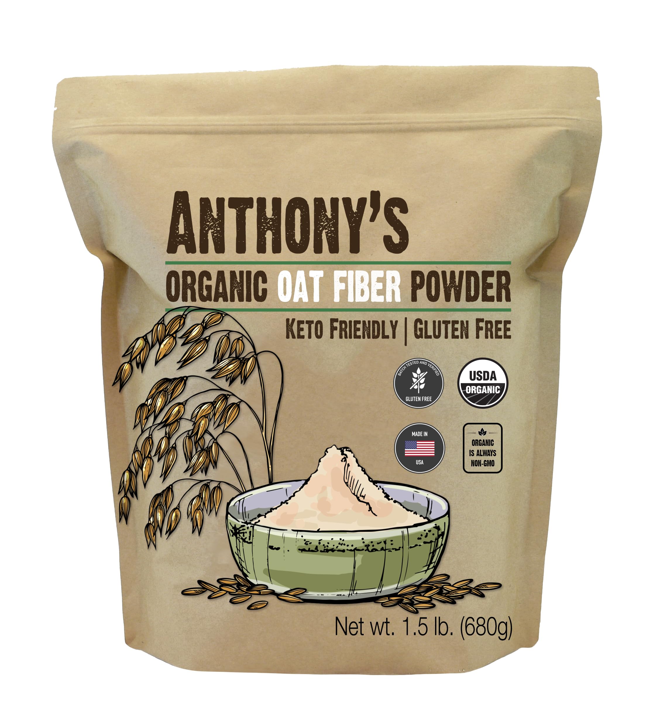 Anthony's Organic Oat Fiber packaging with gluten-free and non-GMO seal.