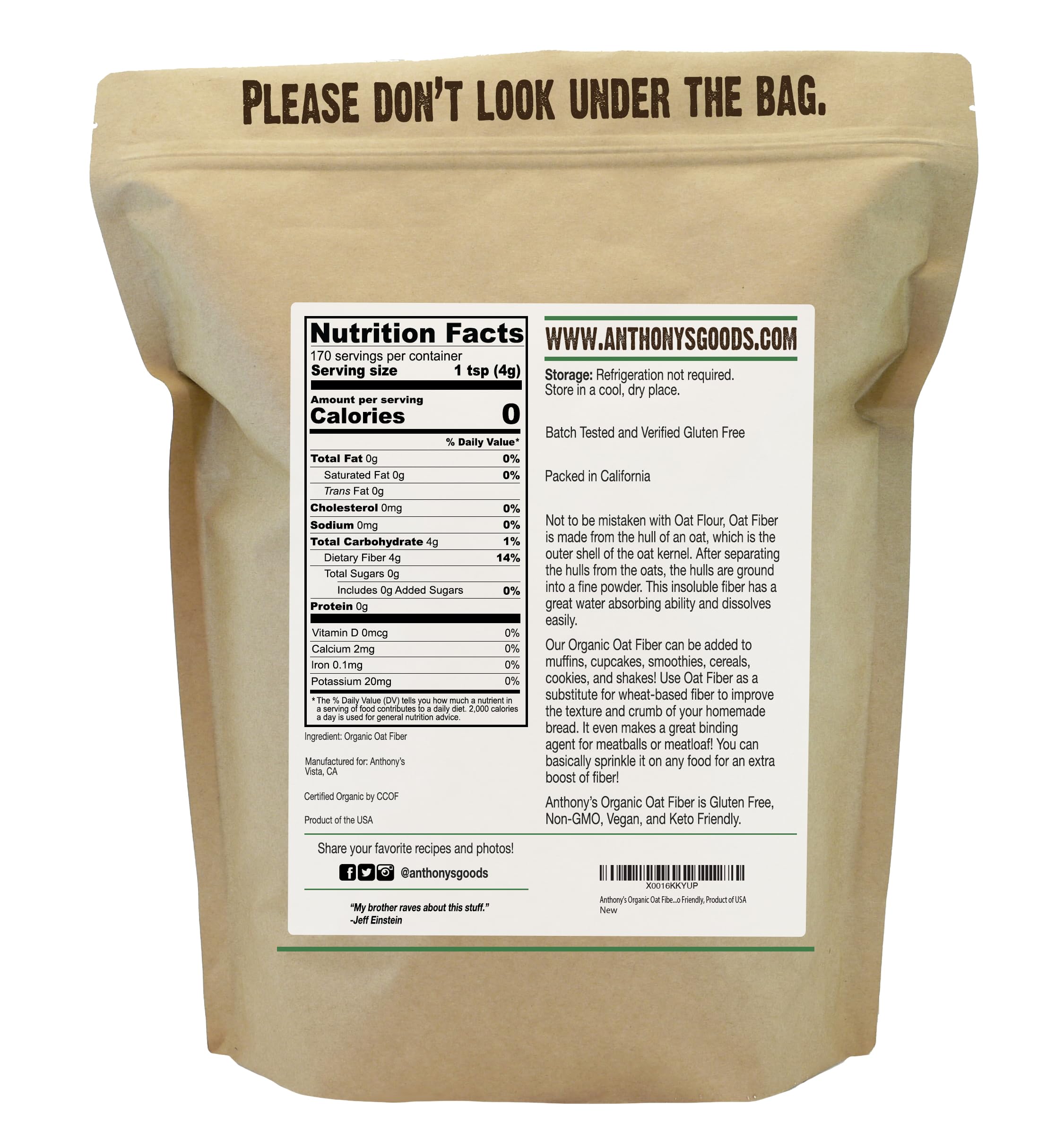Anthony's Organic Oat Fiber jar labeled for gluten-free baking.