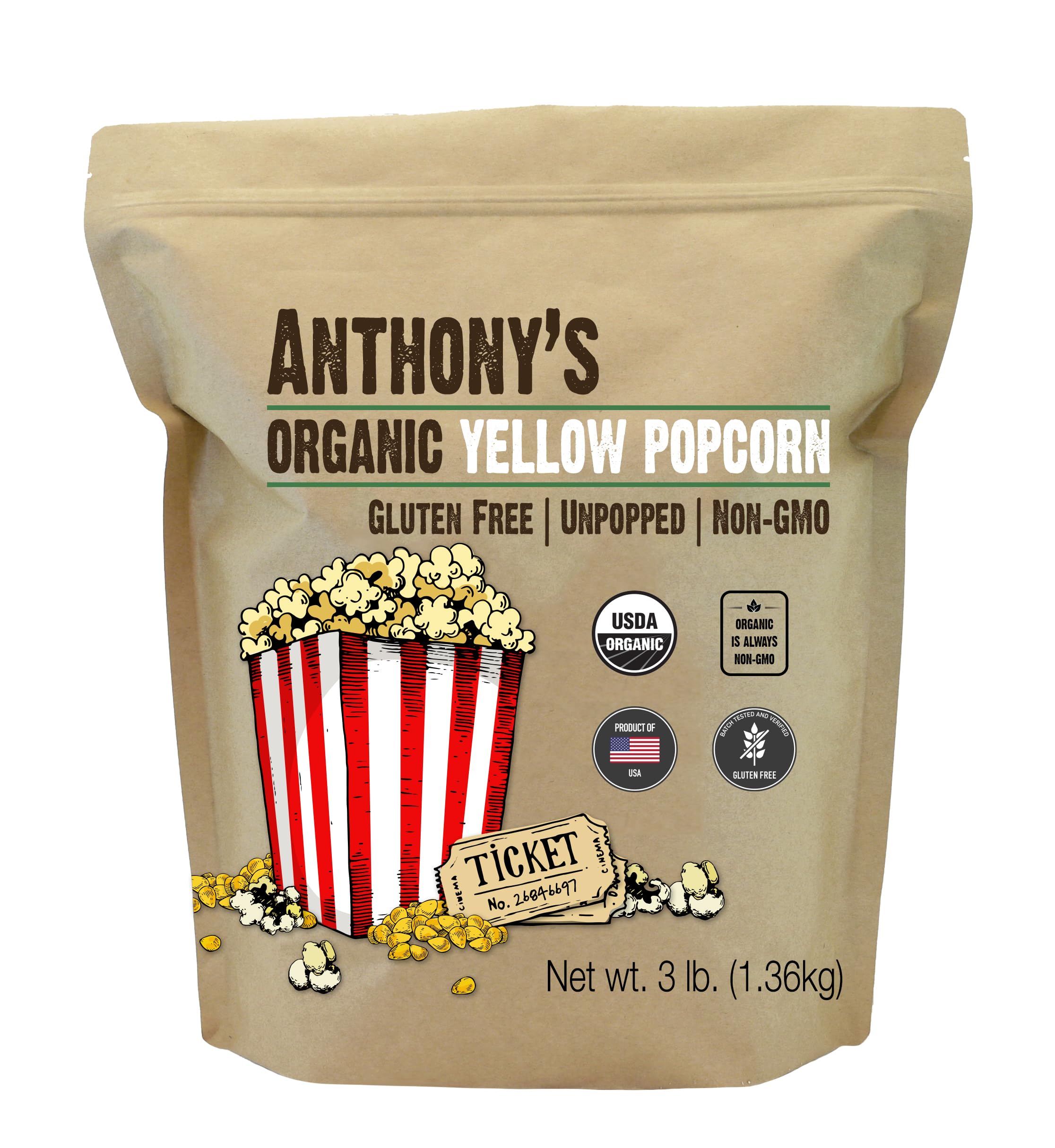 Anthony's Organic yellow popcorn kernels, unpopped, ready for fresh movie-night popcorn