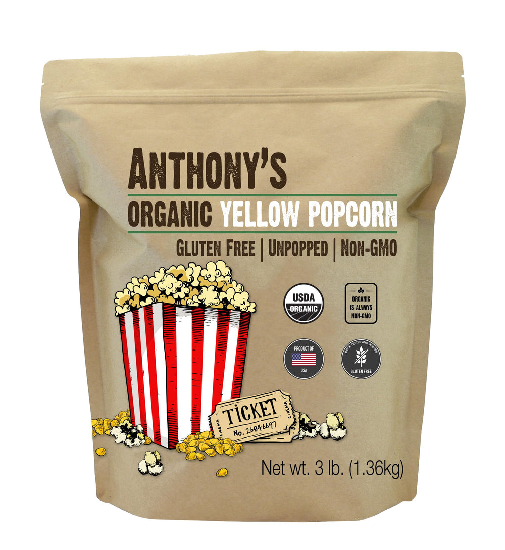 Anthony's Organic yellow popcorn kernels, unpopped, ready for fresh movie-night popcorn
