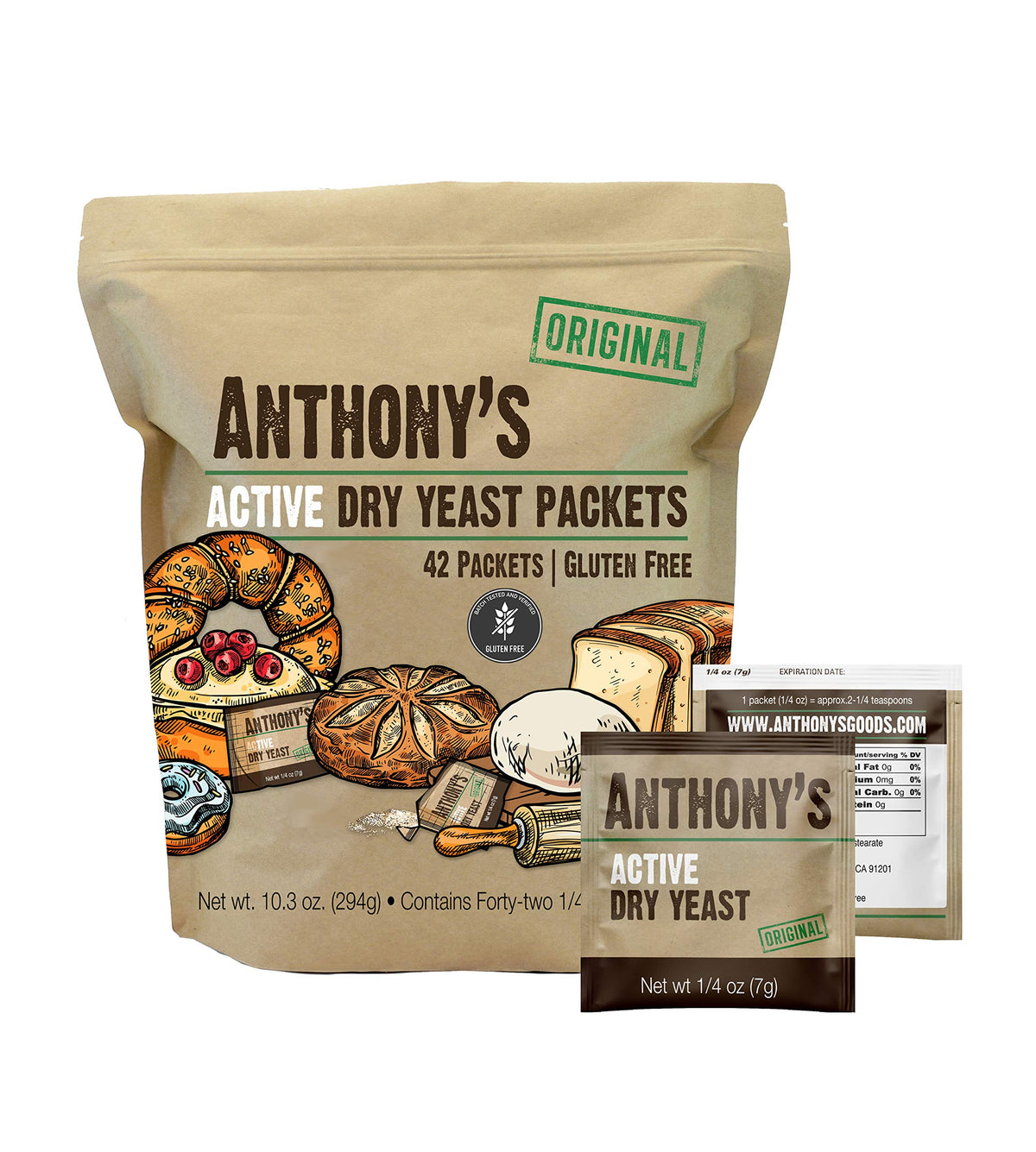 Anthony's Active Dry Yeast Packets 42-pack box, ideal for reliable bread making.