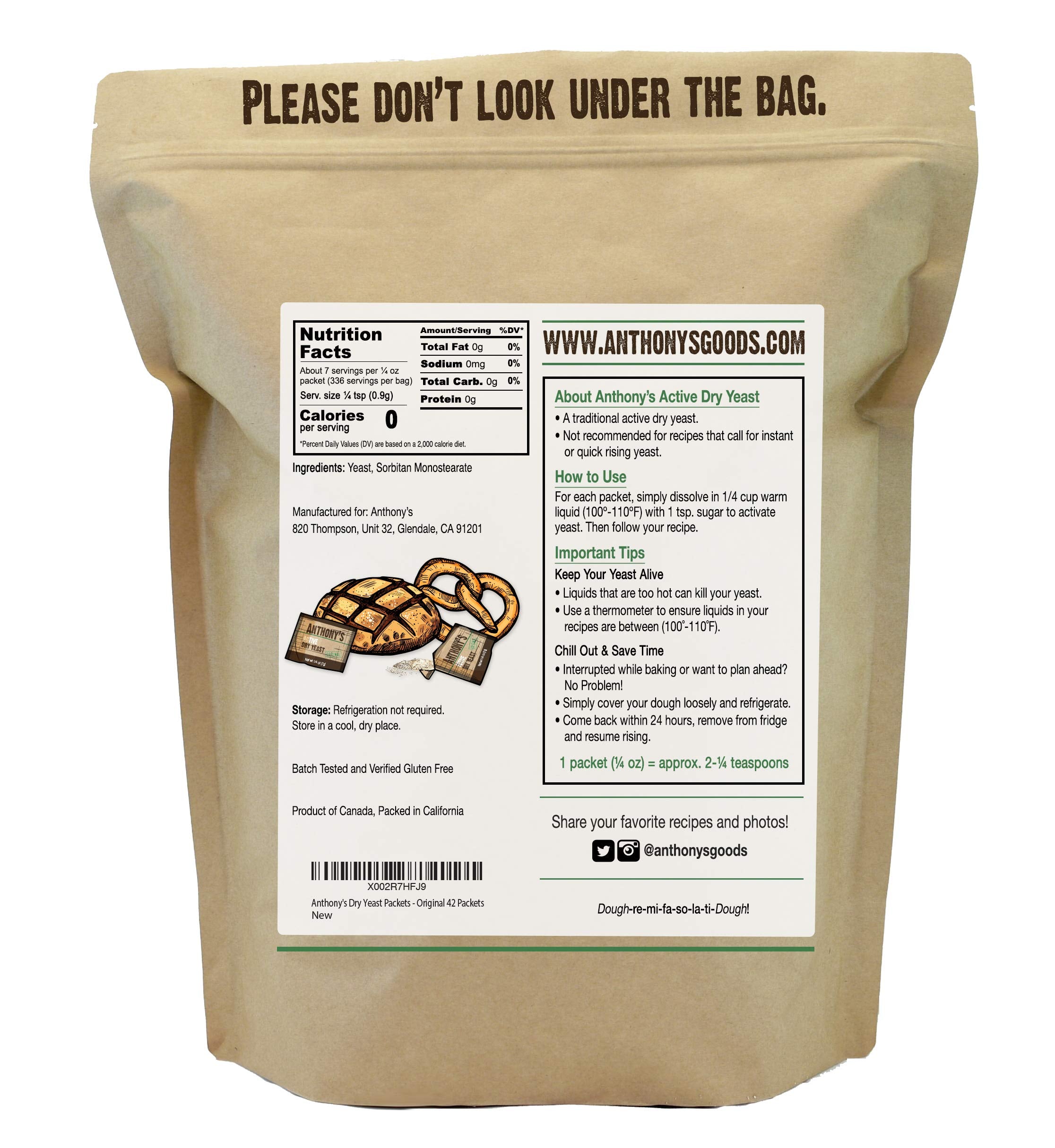 Anthony's Active Dry Yeast Packets label closeup shows gluten-free batch-tested quality.