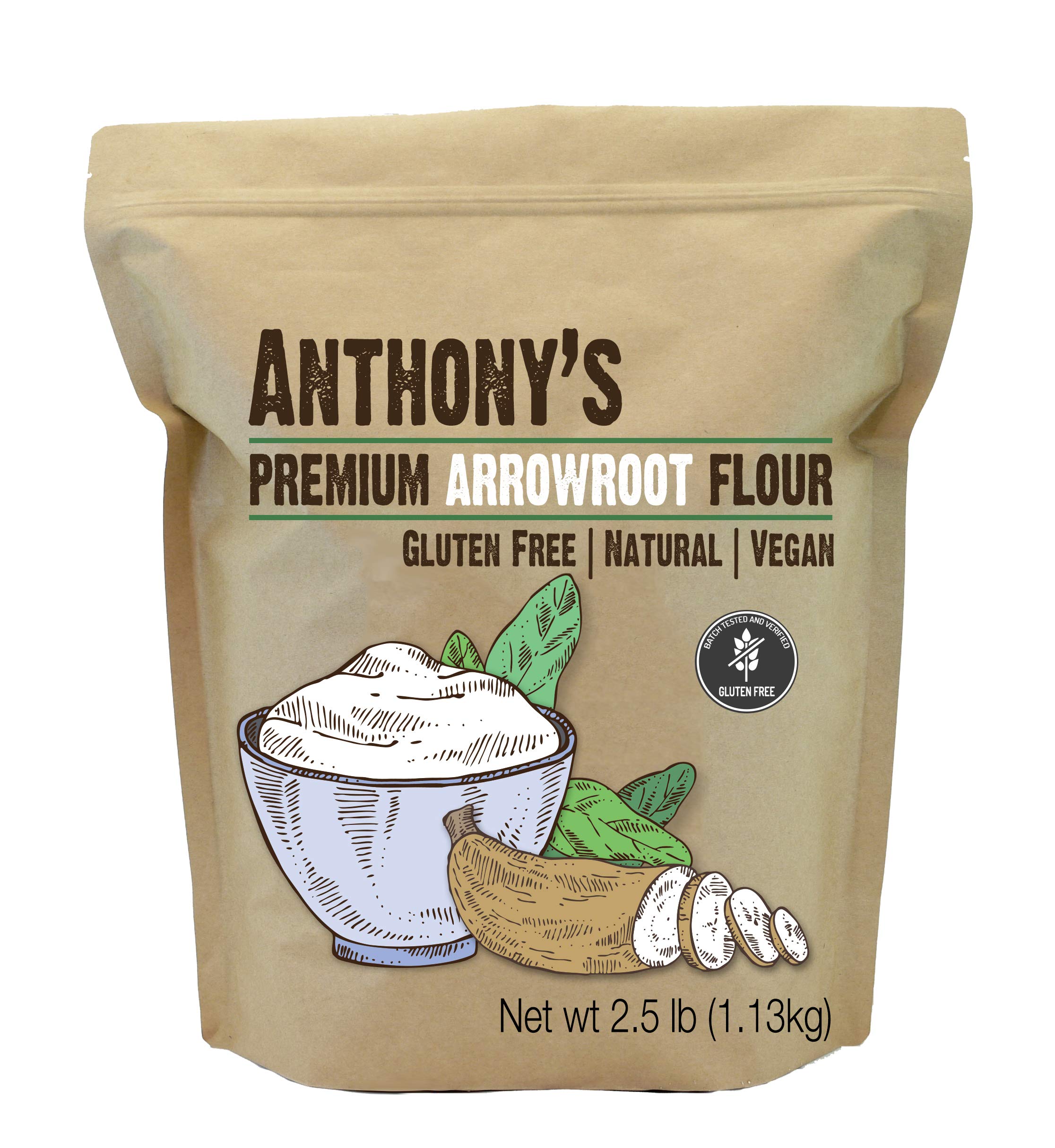 Anthony's arrowroot flour powder bottle shows gluten-free, non-GMO claim.