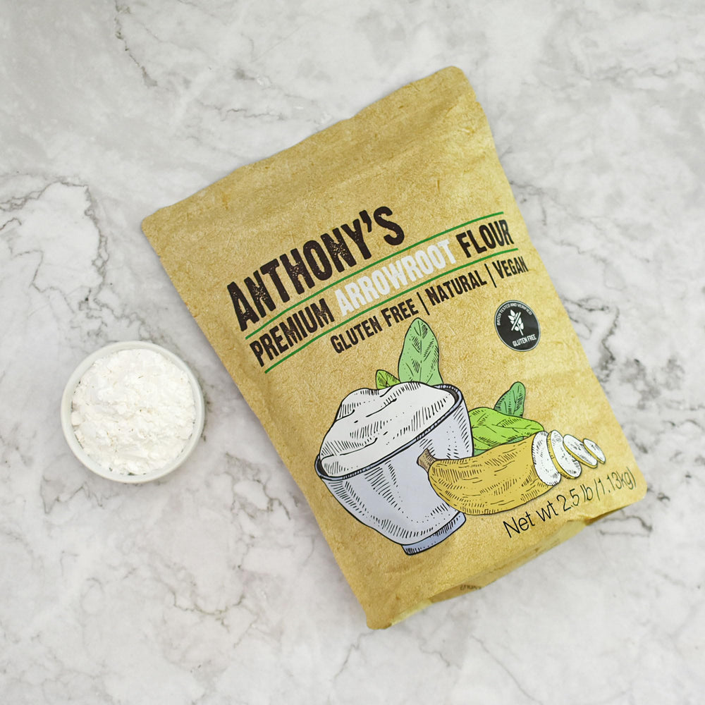 Gluten-free label on Anthony's arrowroot flour powder packaging.