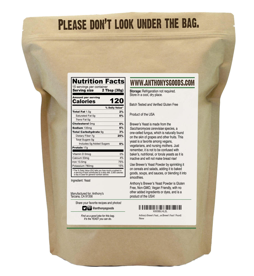 Anthony's Brewers Yeast label close-up highlighting unflavored, unsweetened quality for versatile cooking.