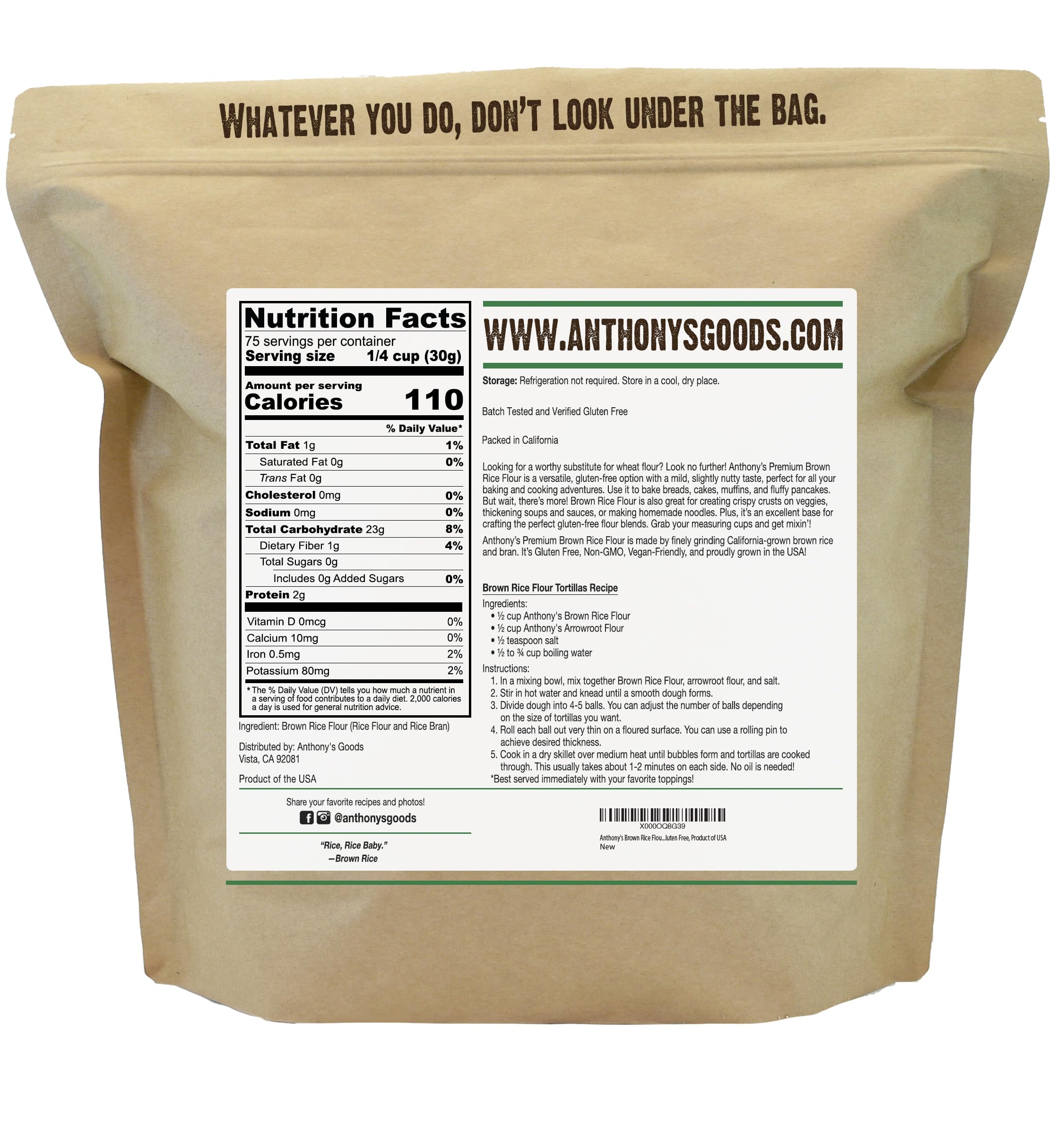 Anthony's Brown Rice Flour bag close-up, USA-made flour for reliable gluten-free cooking.