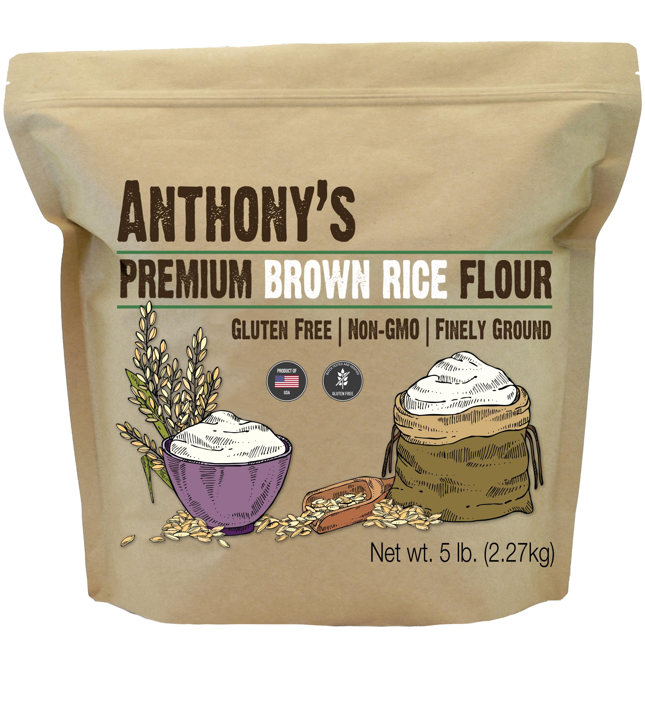 Anthony's Brown Rice Flour packaging with label, ideal gluten-free baking option.