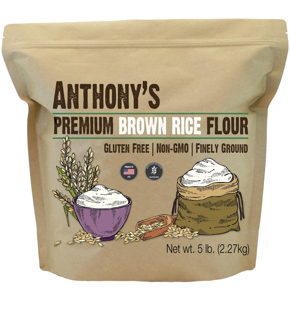Anthony's Brown Rice Flour packaging with label, ideal gluten-free baking option.