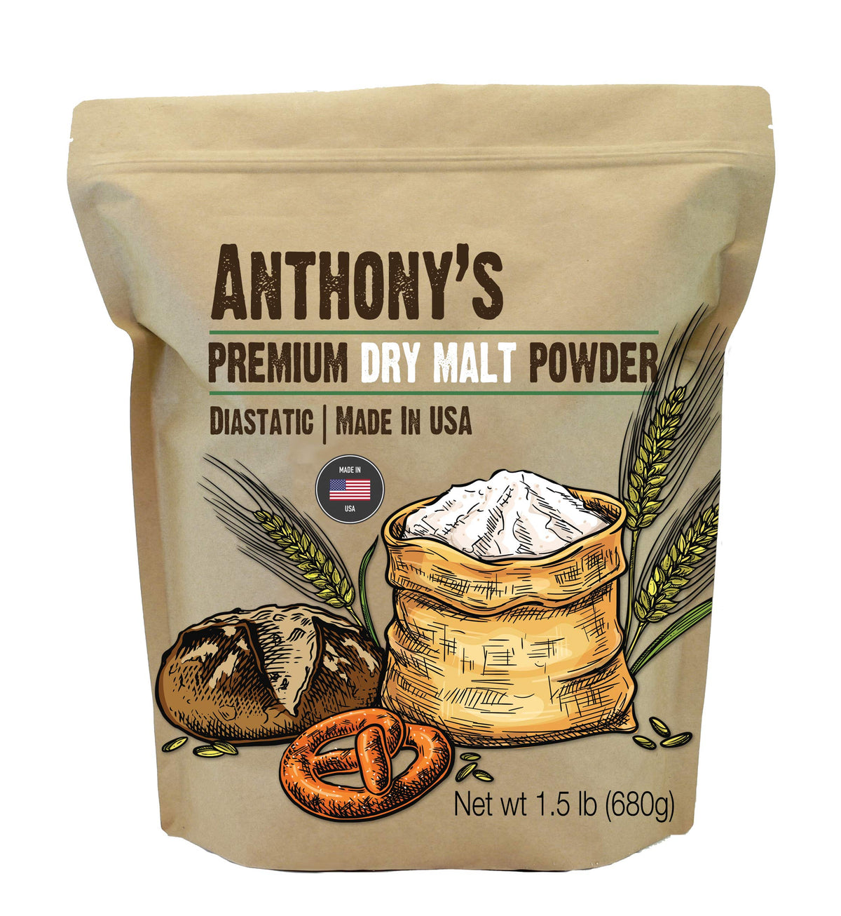 Anthony's diastatic dry malt powder container label showing premium baking ingredient