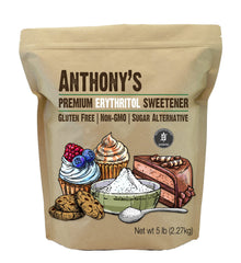 Anthony's Erythritol granules in front of the bag, versatile gluten-free sweetener.