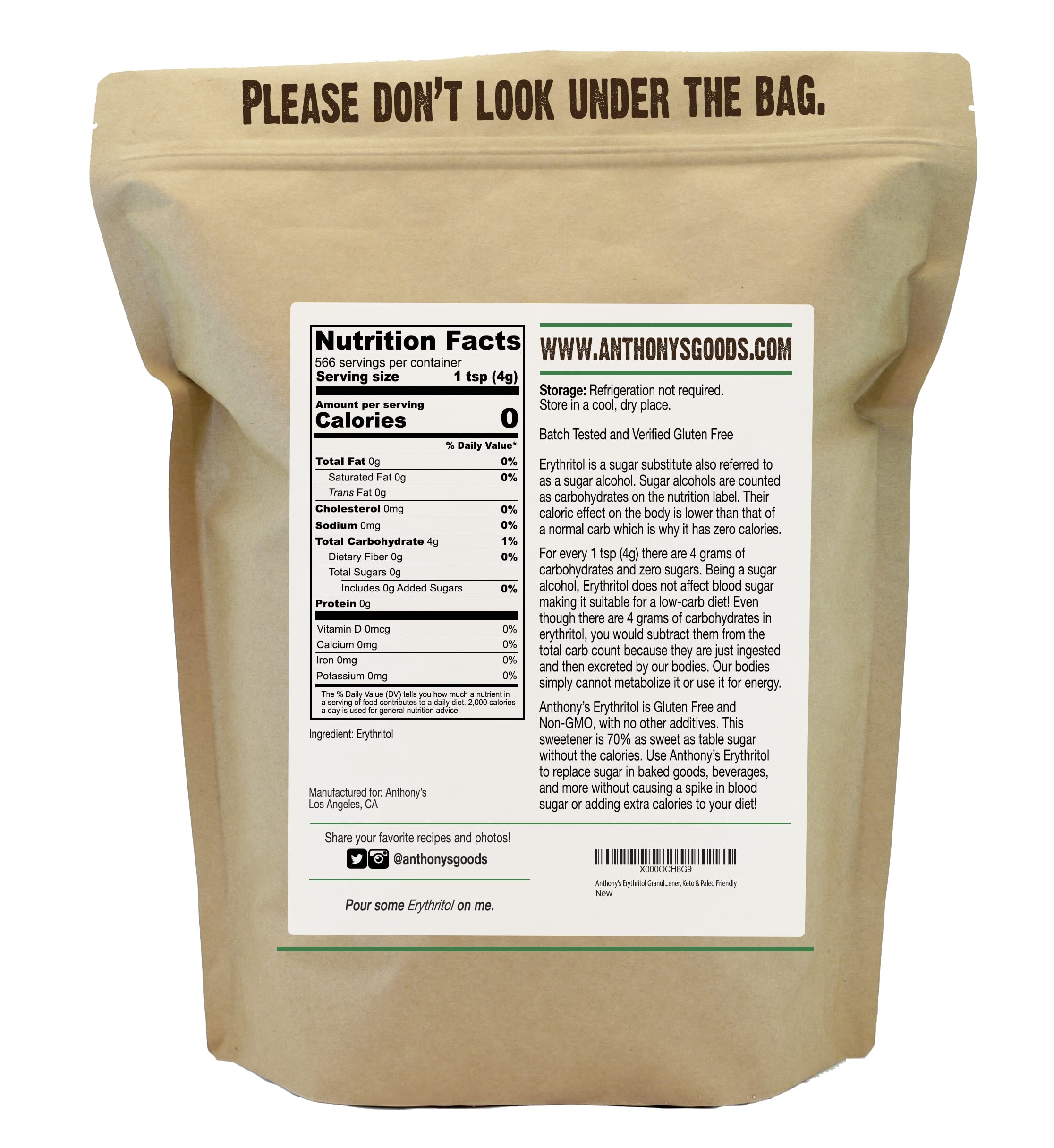 Close-up of Anthony's Erythritol granules label confirming Non-GMO quality.