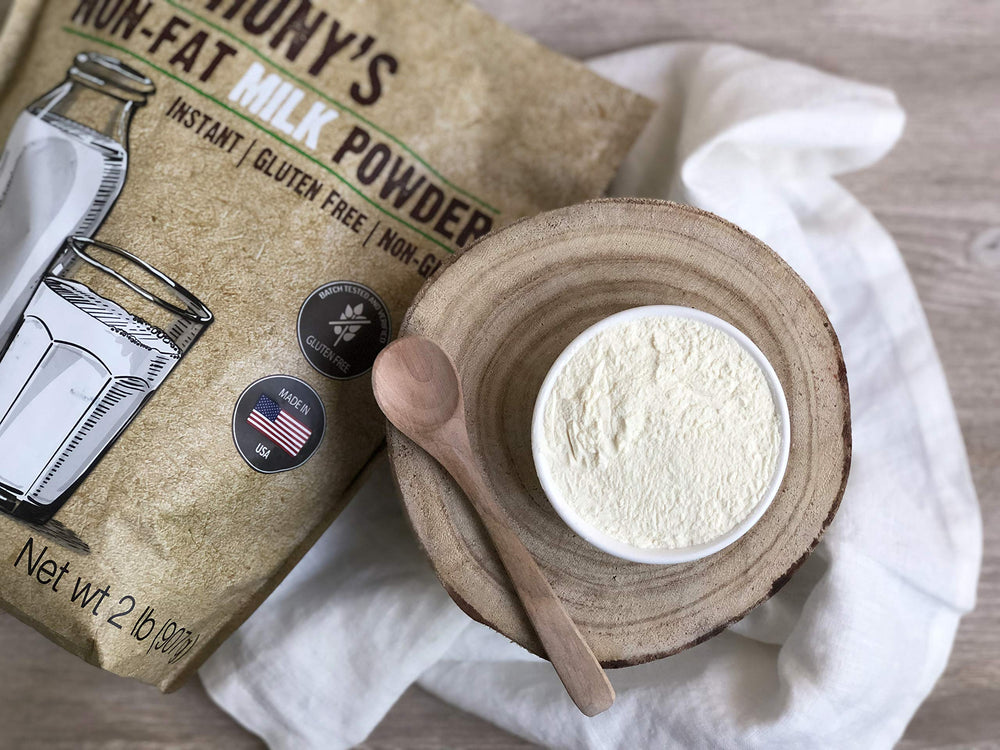 Anthony's Non-Fat Milk Powder gluten-free label signals safety and quality.