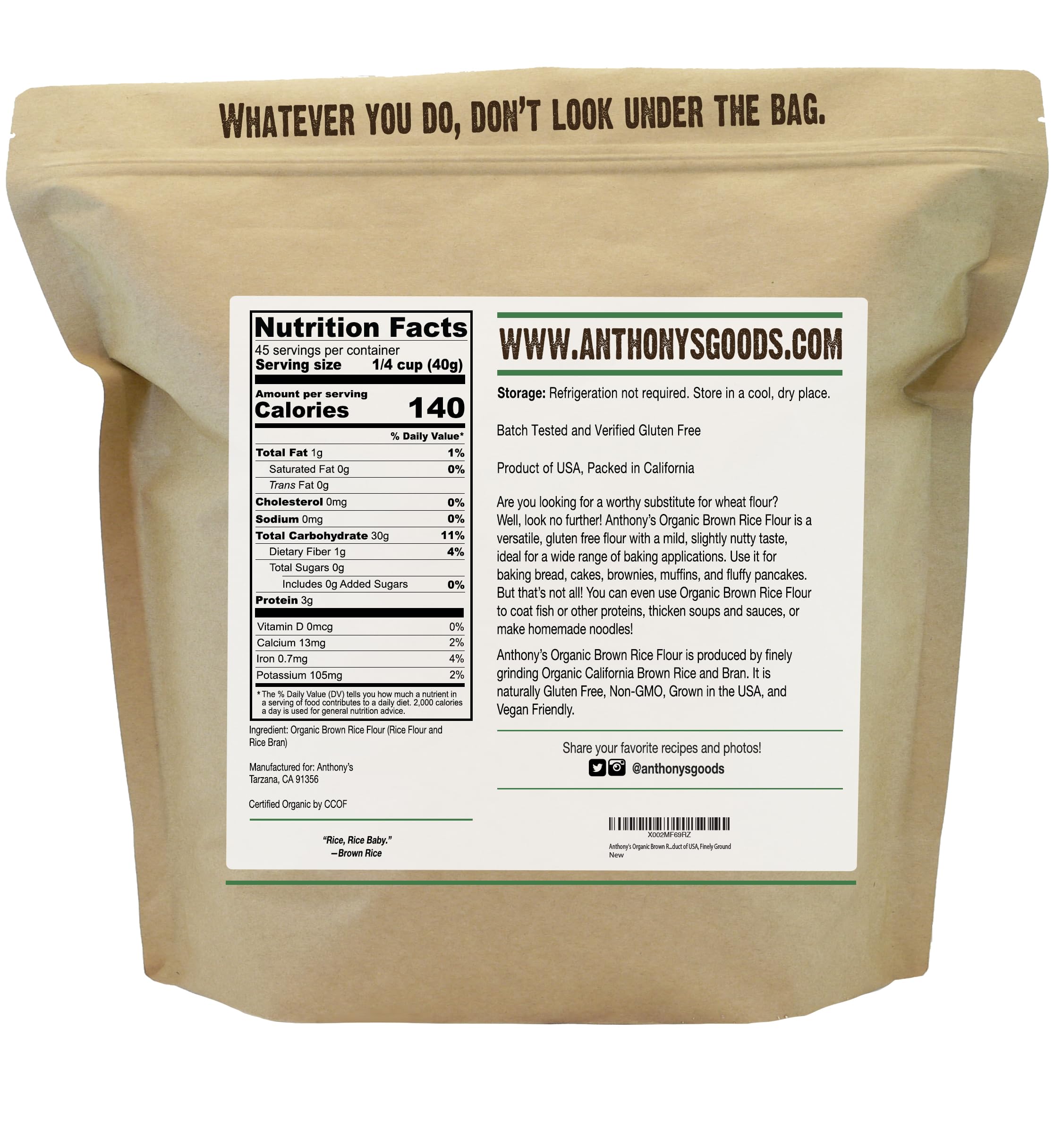 Anthony's Organic Brown Rice Flour close-up shows fine grind for smooth gluten-free dough.