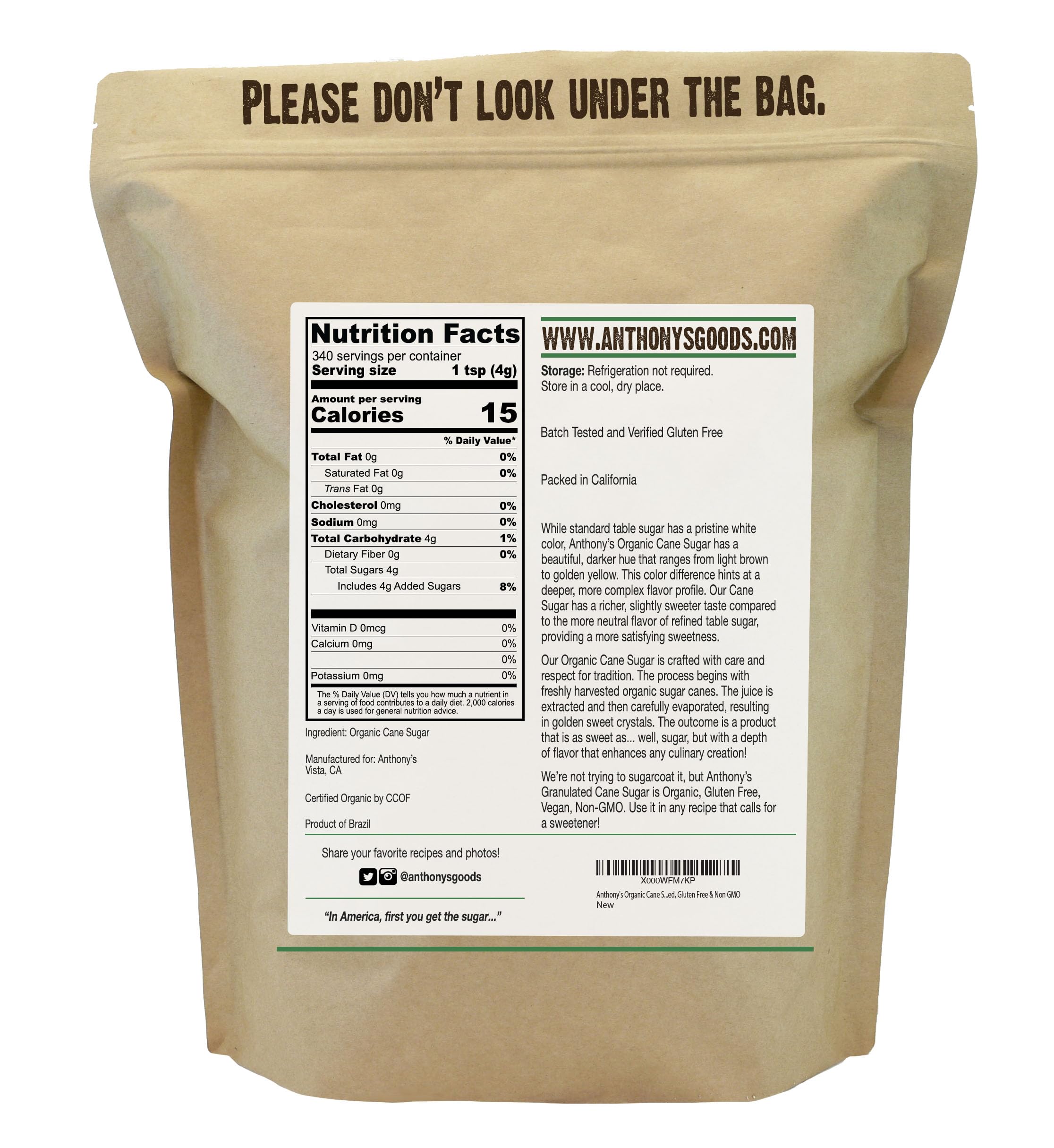 Anthony's organic cane sugar granules pour smoothly into drinks