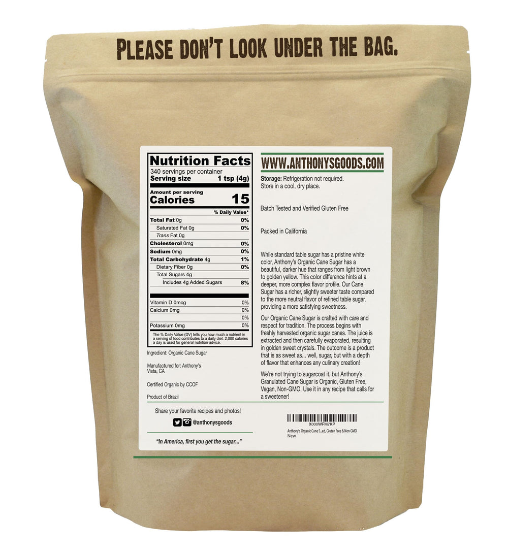 Anthony's organic cane sugar granules pour smoothly into drinks