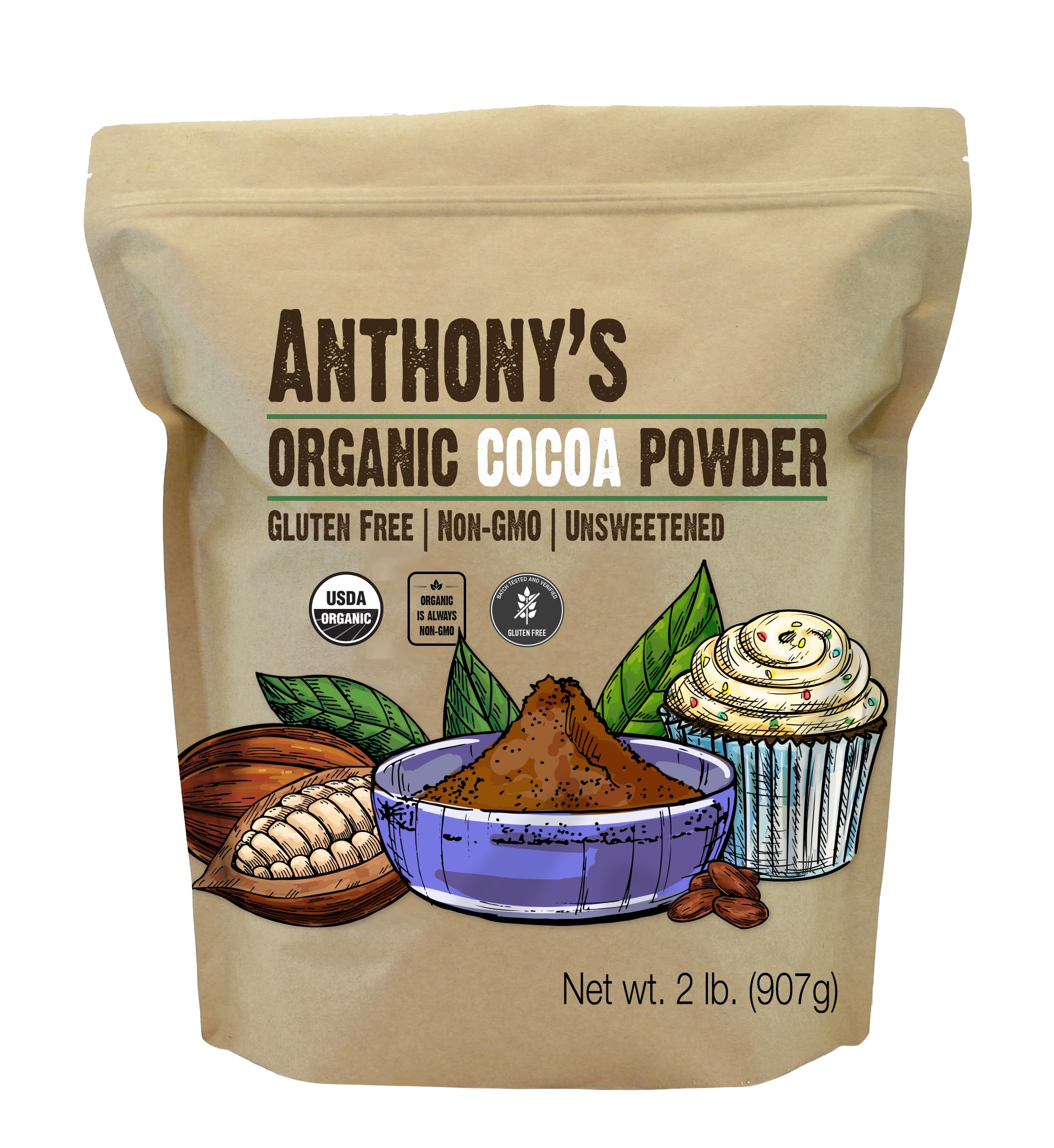 Packaging image of Anthony's Organic Cocoa Powder, ideal for gluten-free baking.