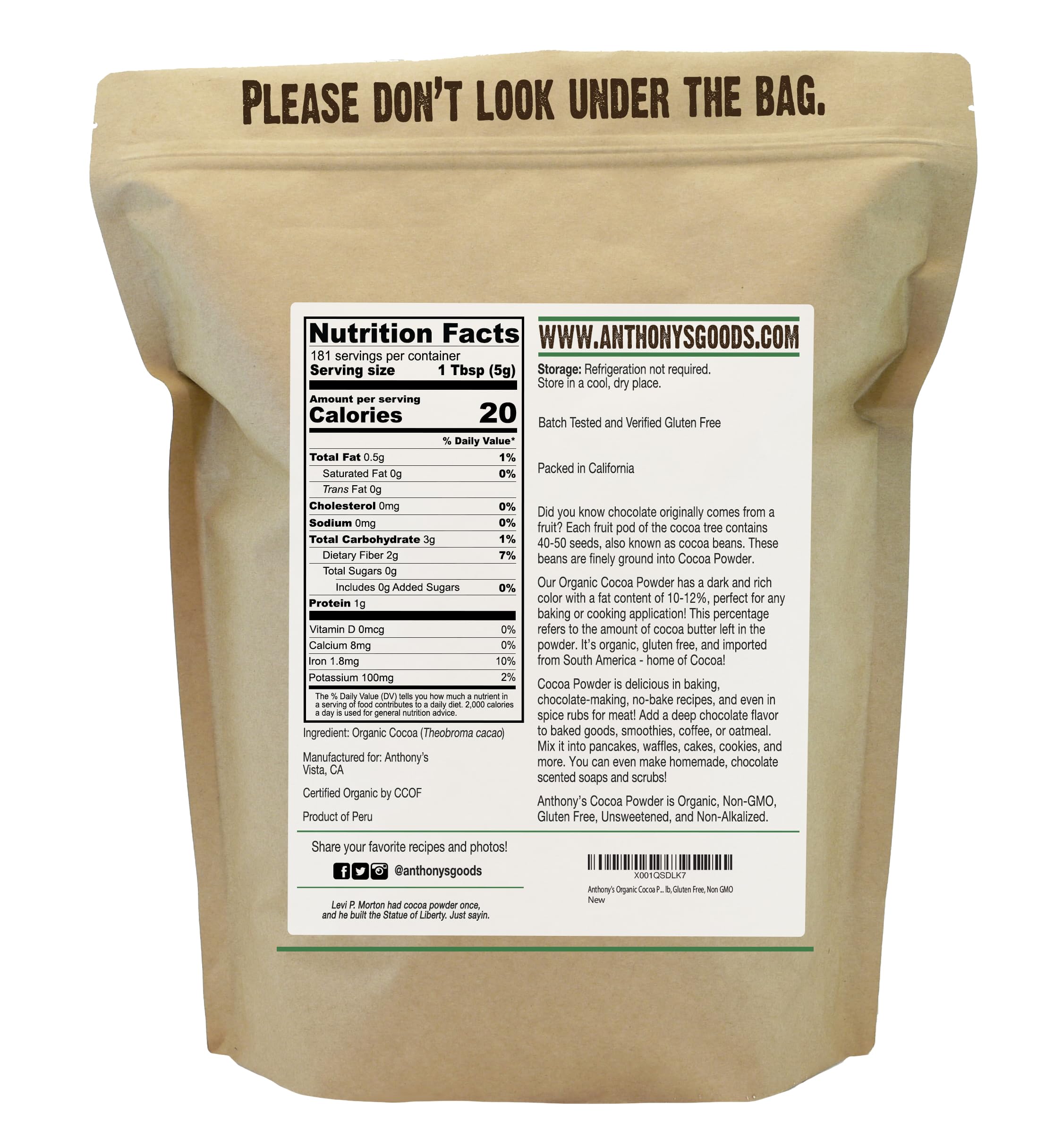 Close-up of Anthony's Cocoa Powder, rich aroma and 10-12% fat.