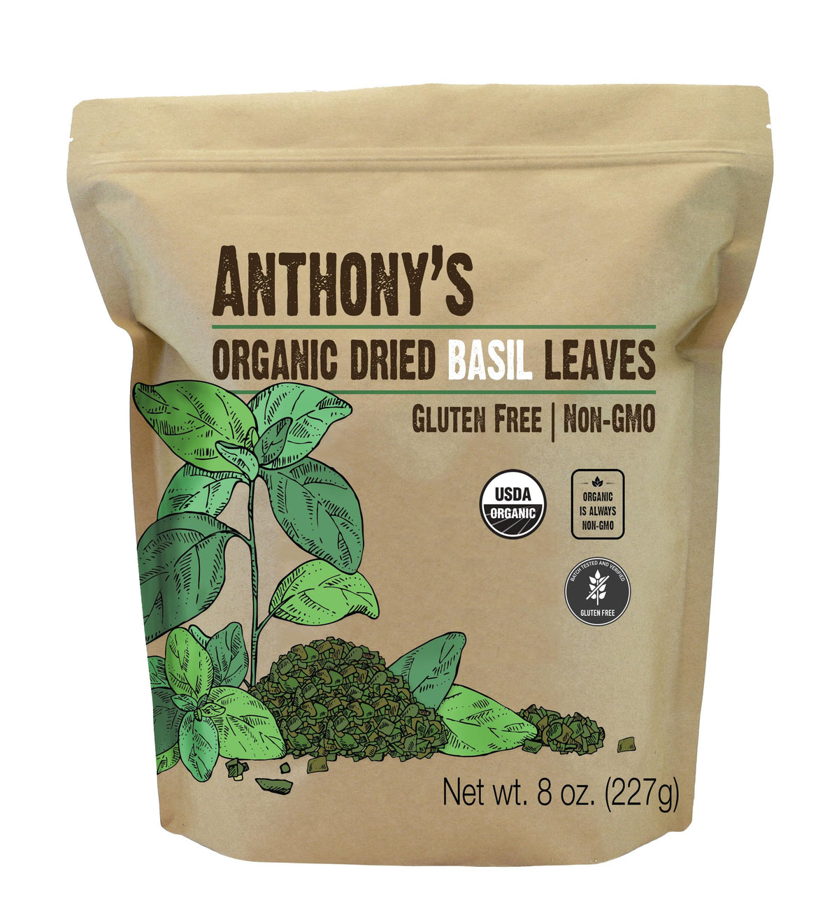 Anthony's Organic Dried Basil Leaves packaging on shelf for pantry storage.