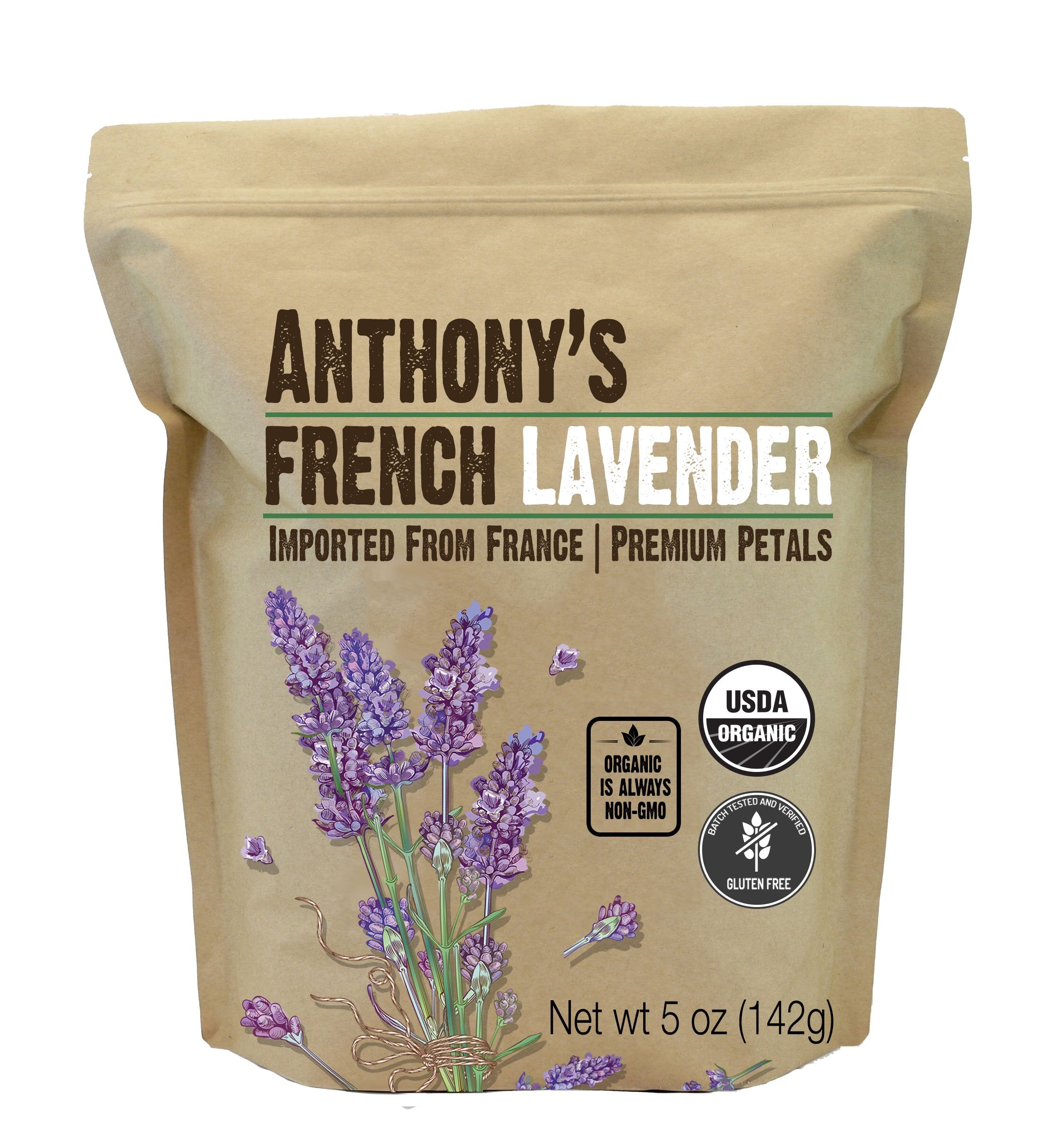 Anthony's Organic French Lavender Petals bottle shows premium dried blooms for culinary or fragrance use.
