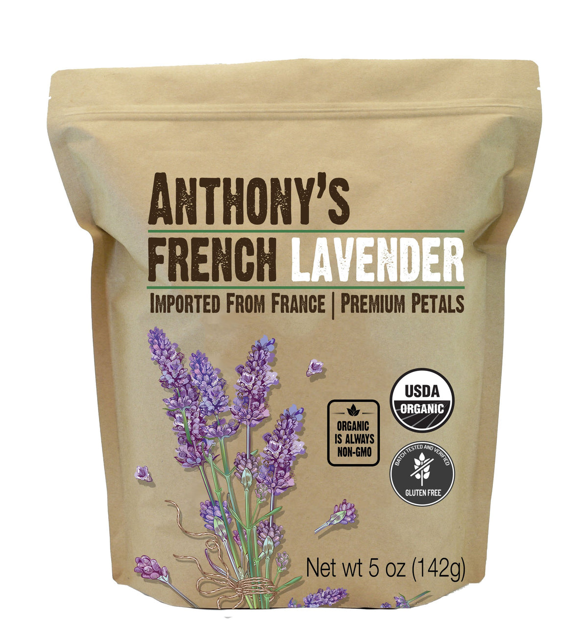 Anthony's Organic French Lavender Petals bottle shows premium dried blooms for culinary or fragrance use.