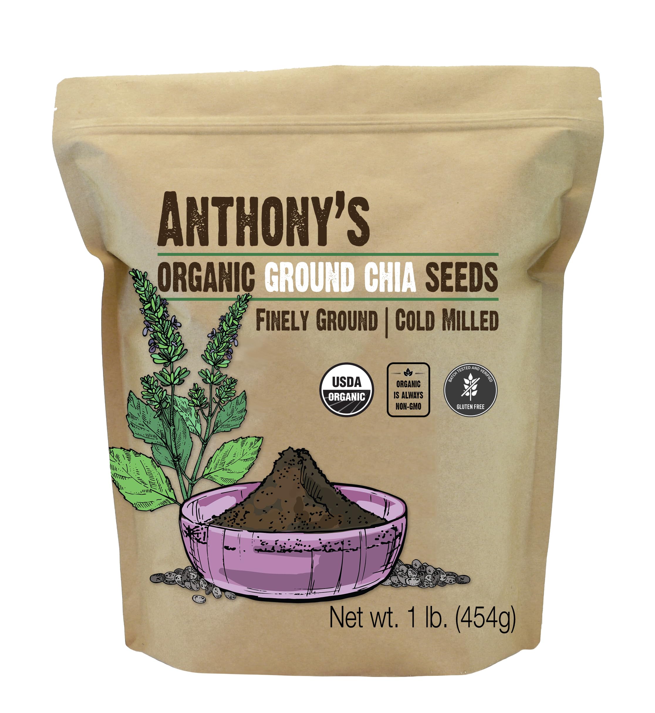 Anthony's Organic Ground Chia Seed 1lb packaging with organic and gluten-free certification