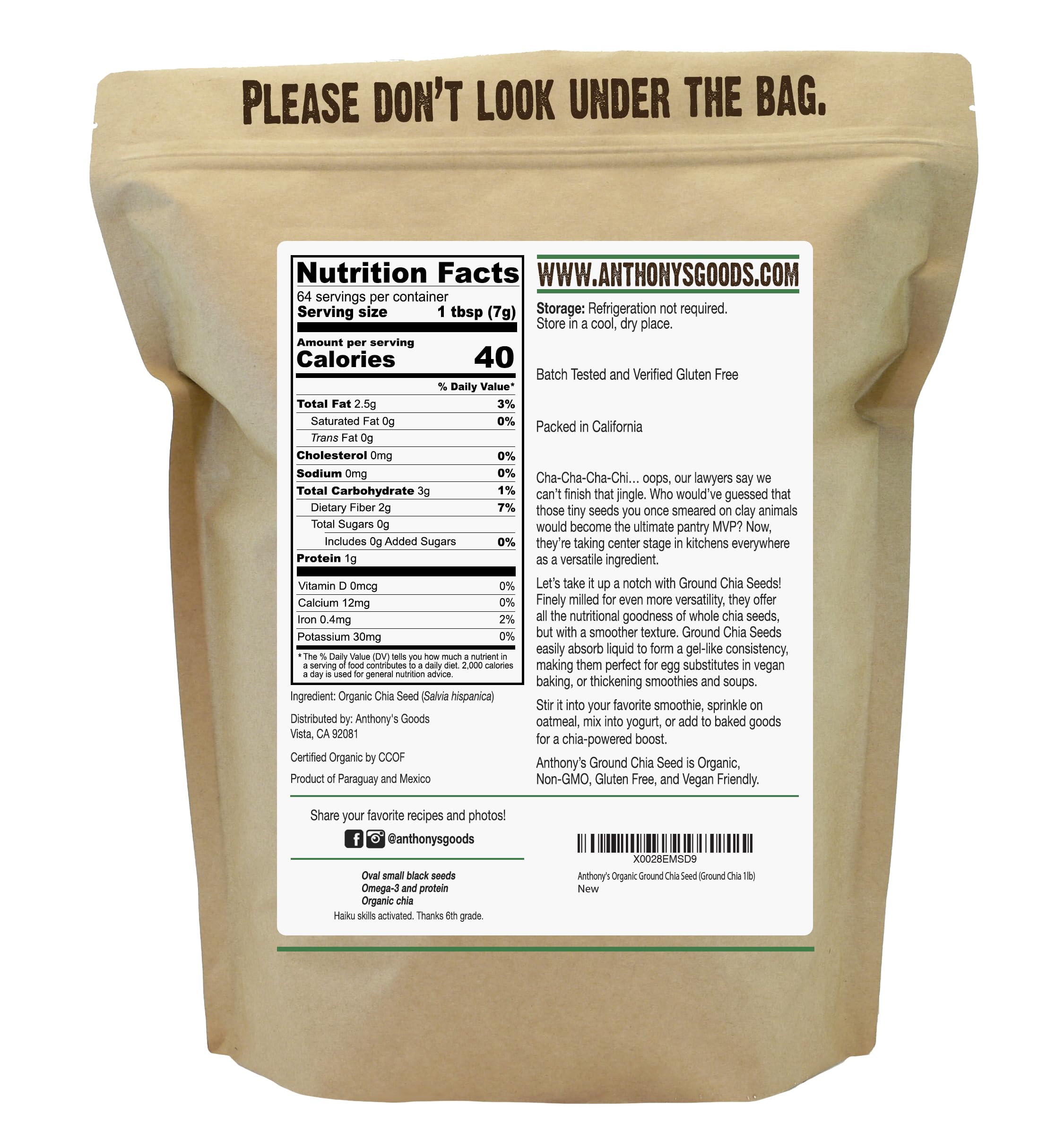 Anthony's Organic Ground Chia Seed finely milled texture ideal for thickening and vegan substitutes