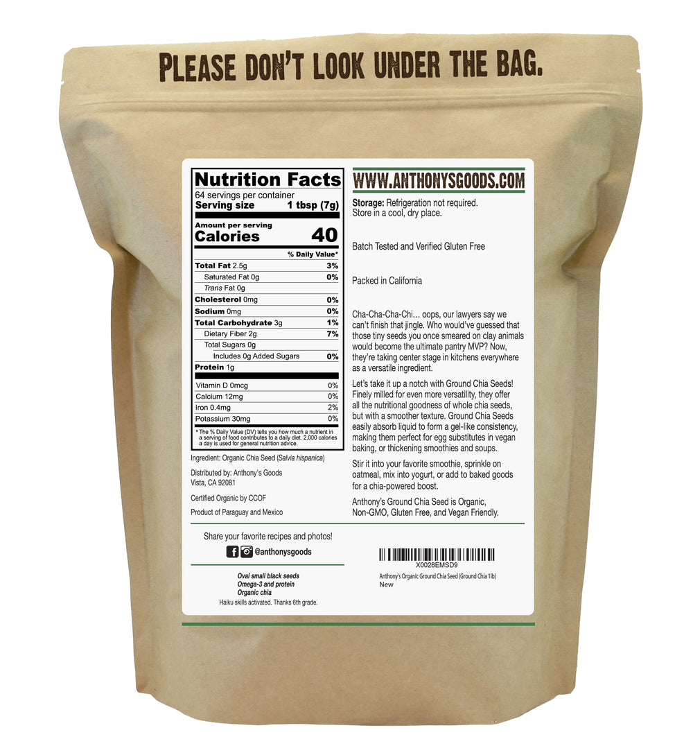 Anthony's Organic Ground Chia Seed finely milled texture ideal for thickening and vegan substitutes