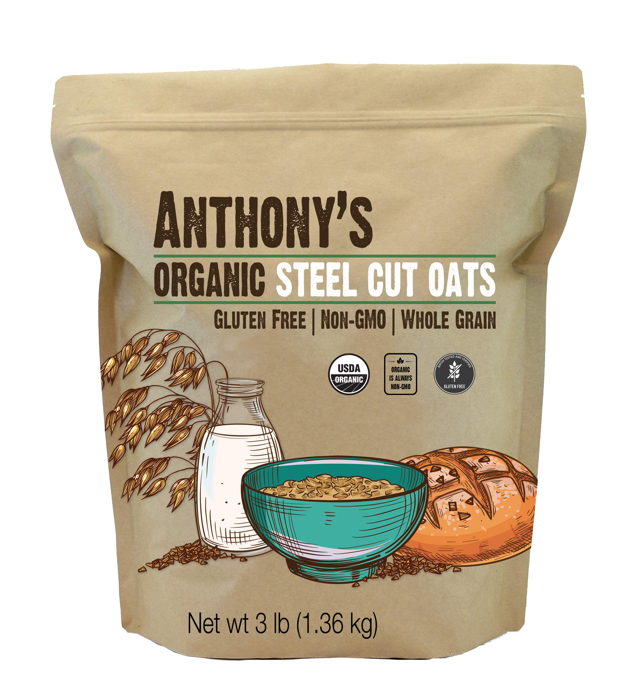 Anthony's Organic Steel Cut Oats pack shown for a hearty breakfast option