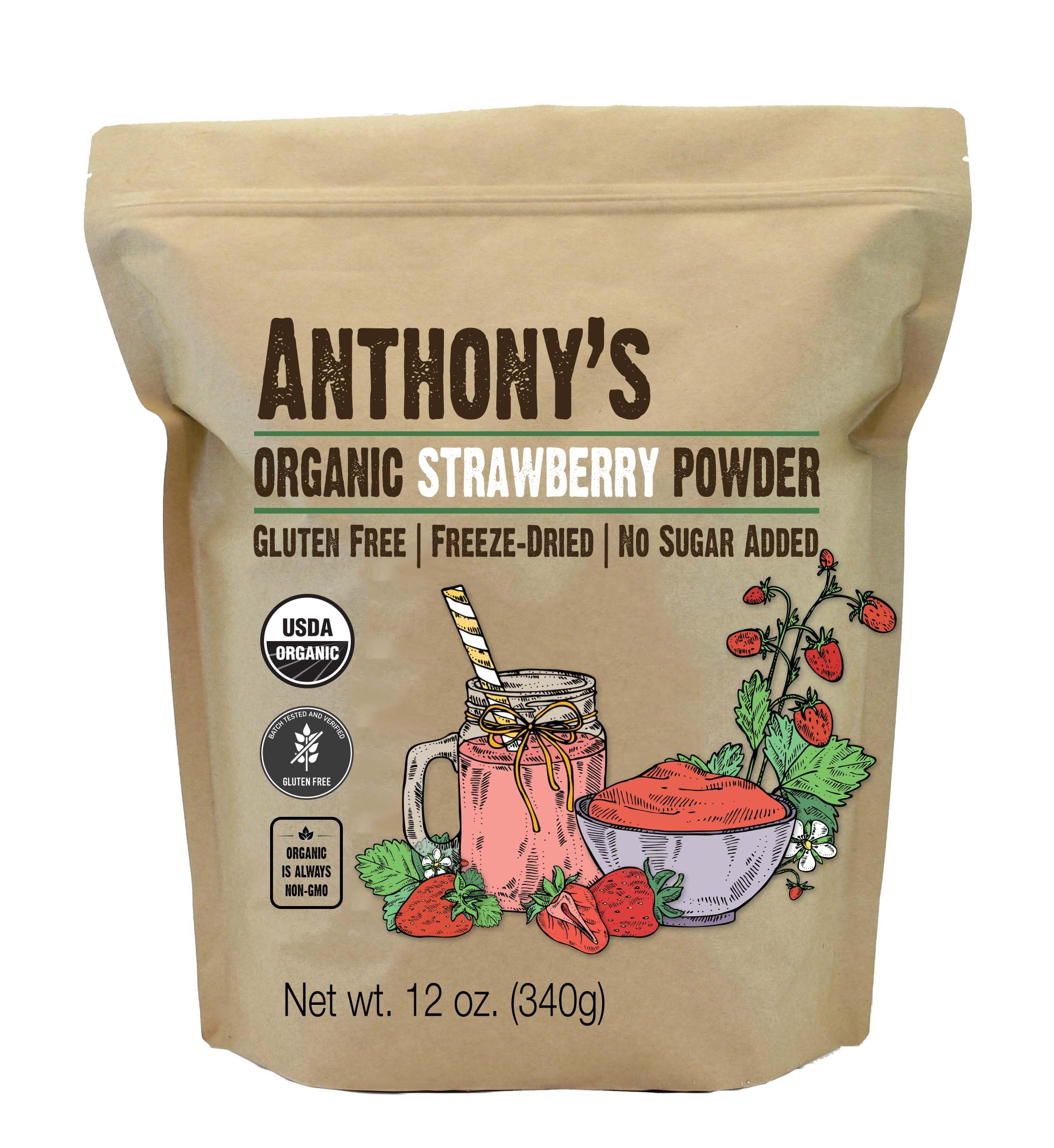 Anthony's Organic Strawberry Powder bottle front with vibrant freeze-dried berries