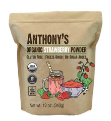 Anthony's Organic Strawberry Powder bottle front with vibrant freeze-dried berries
