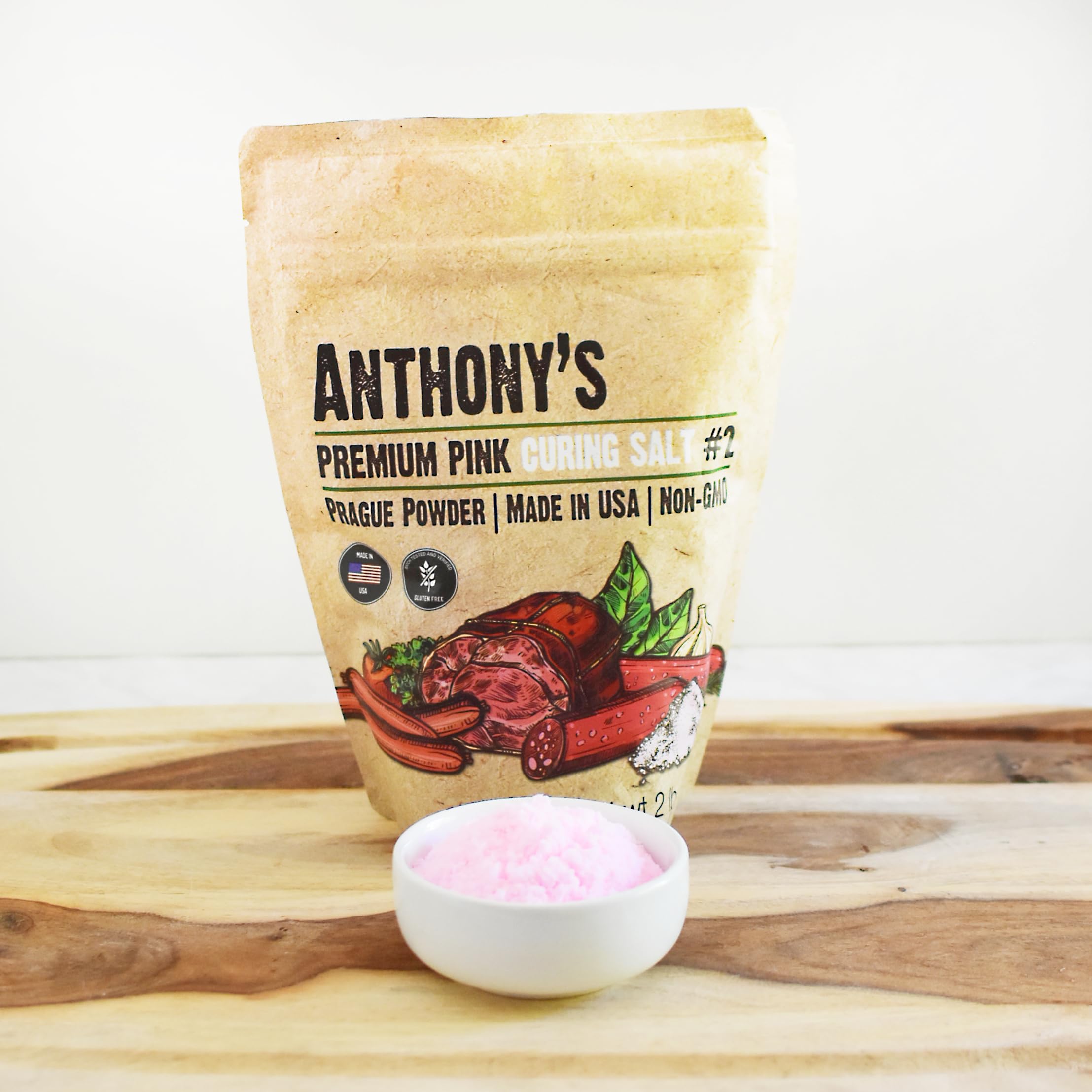 Anthony's Pink Curing Salt No.2 with dry-cured salami slices.