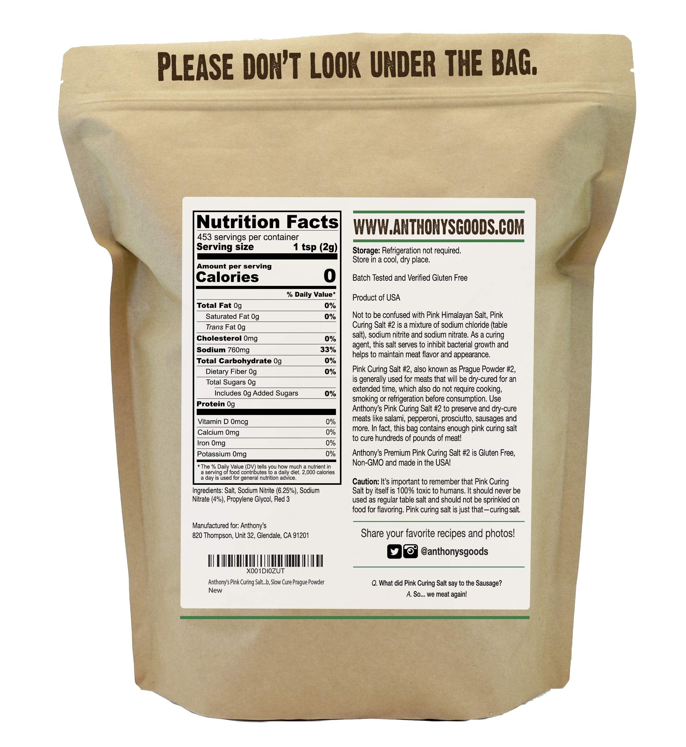 Anthony's Pink Curing Salt No.2 label close-up confirms gluten-free, batch-tested integrity for long cures.