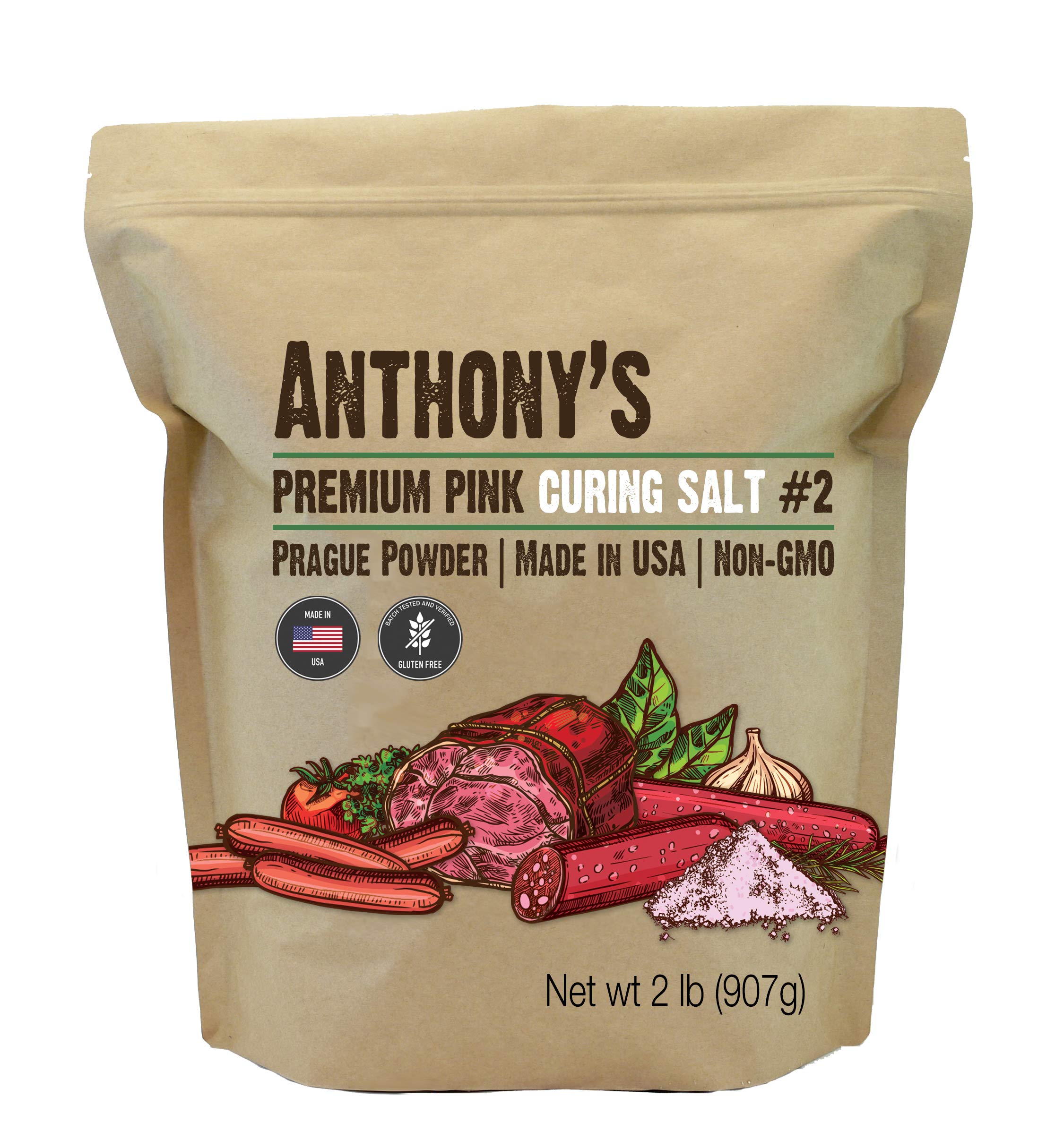 Anthony's Pink Curing Salt No.2 front packaging highlights gluten-free, batch-tested quality for dry curing.