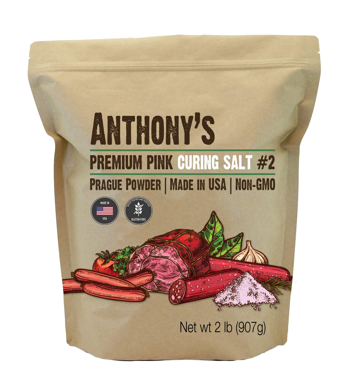 Anthony's Pink Curing Salt No.2 front packaging highlights gluten-free, batch-tested quality for dry curing.