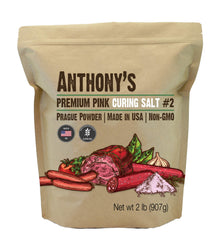 Anthony's Pink Curing Salt No.2 front packaging highlights gluten-free, batch-tested quality for dry curing.